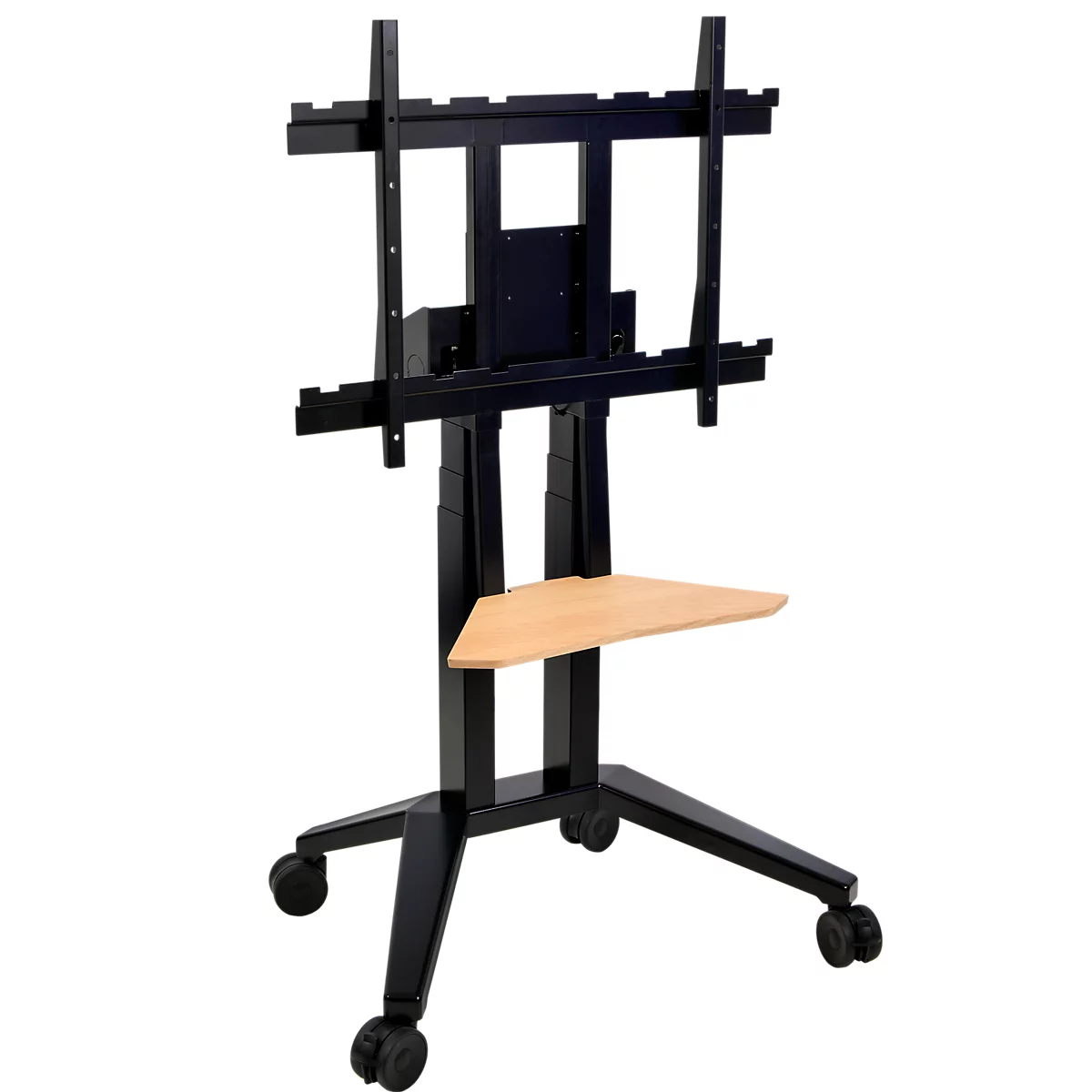 Zwarte tv-standaard met wielen en plank.