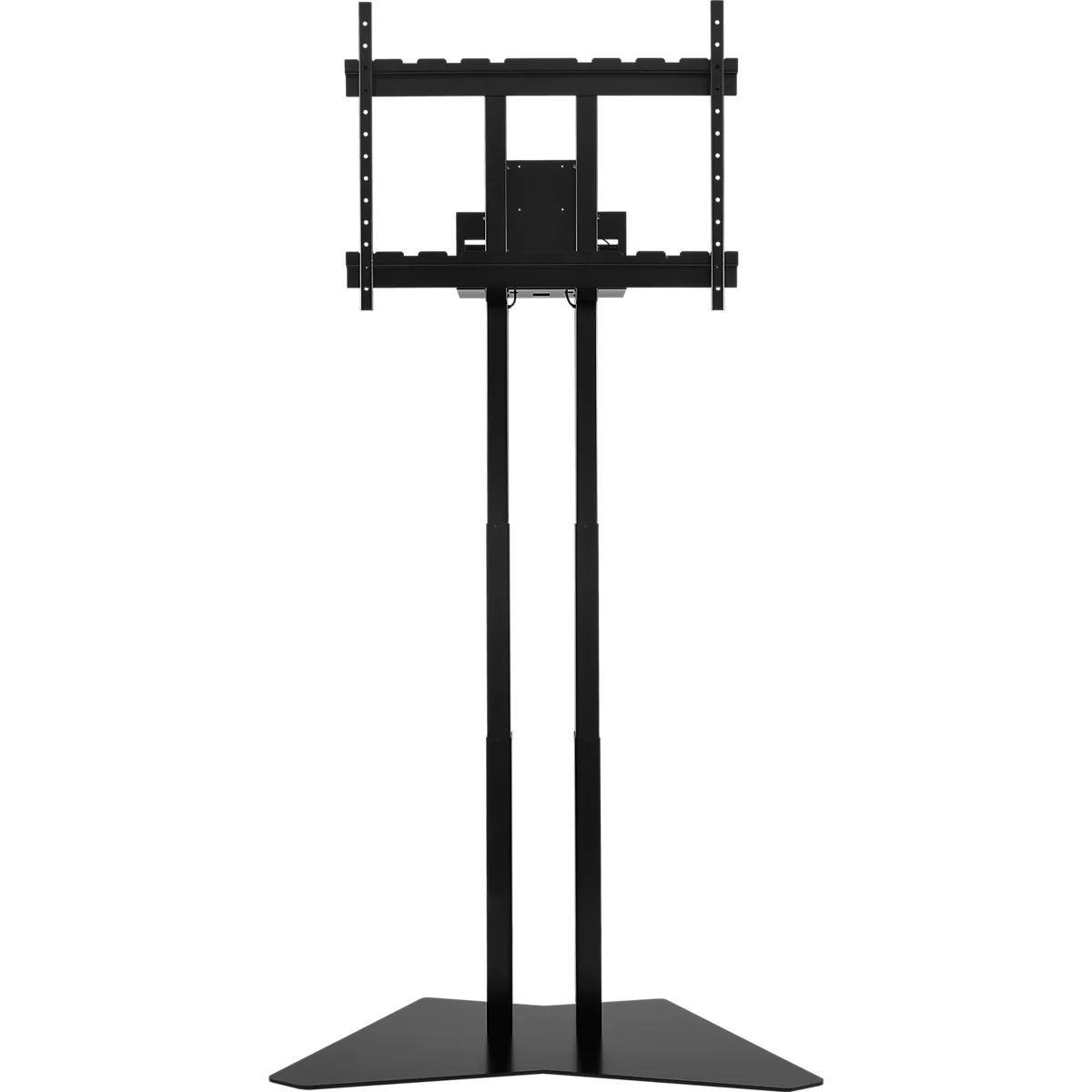 Schwarzer TV-Ständer, bestehend aus Sockel, zwei vertikalen Säulen, Montageplatte und Halterung für Bildschirm.