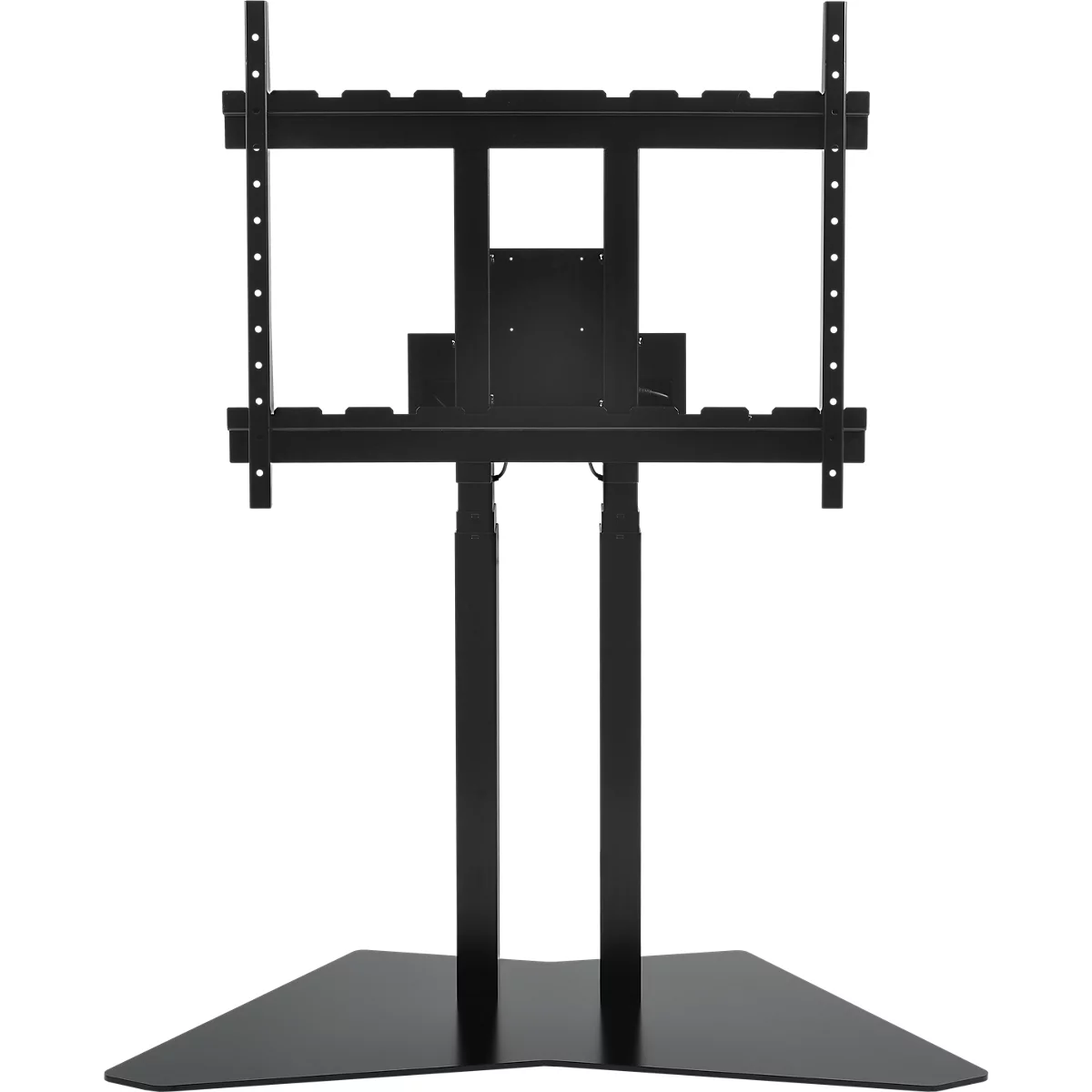 Zwarte tv-standaard, bestaande uit twee verticale kolommen, een driehoekige voet en een beugel om de tv vast te houden.