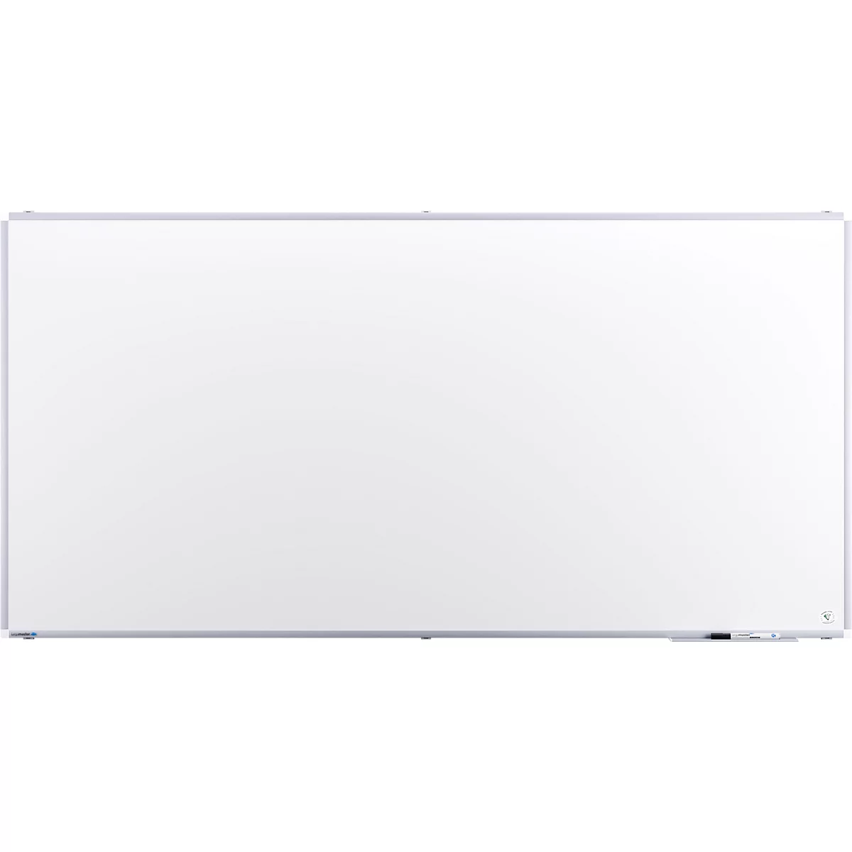 Groot rechthoekig whiteboard met zilveren frame. Een smal frame is zichtbaar aan de boven- en zijkanten.