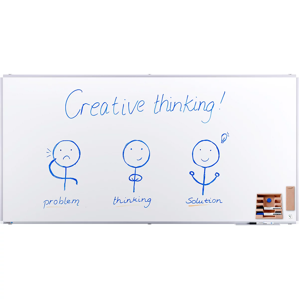 Whiteboard met tekeningen: probleem, denken en oplossing. Opschrift: Creatief denken!