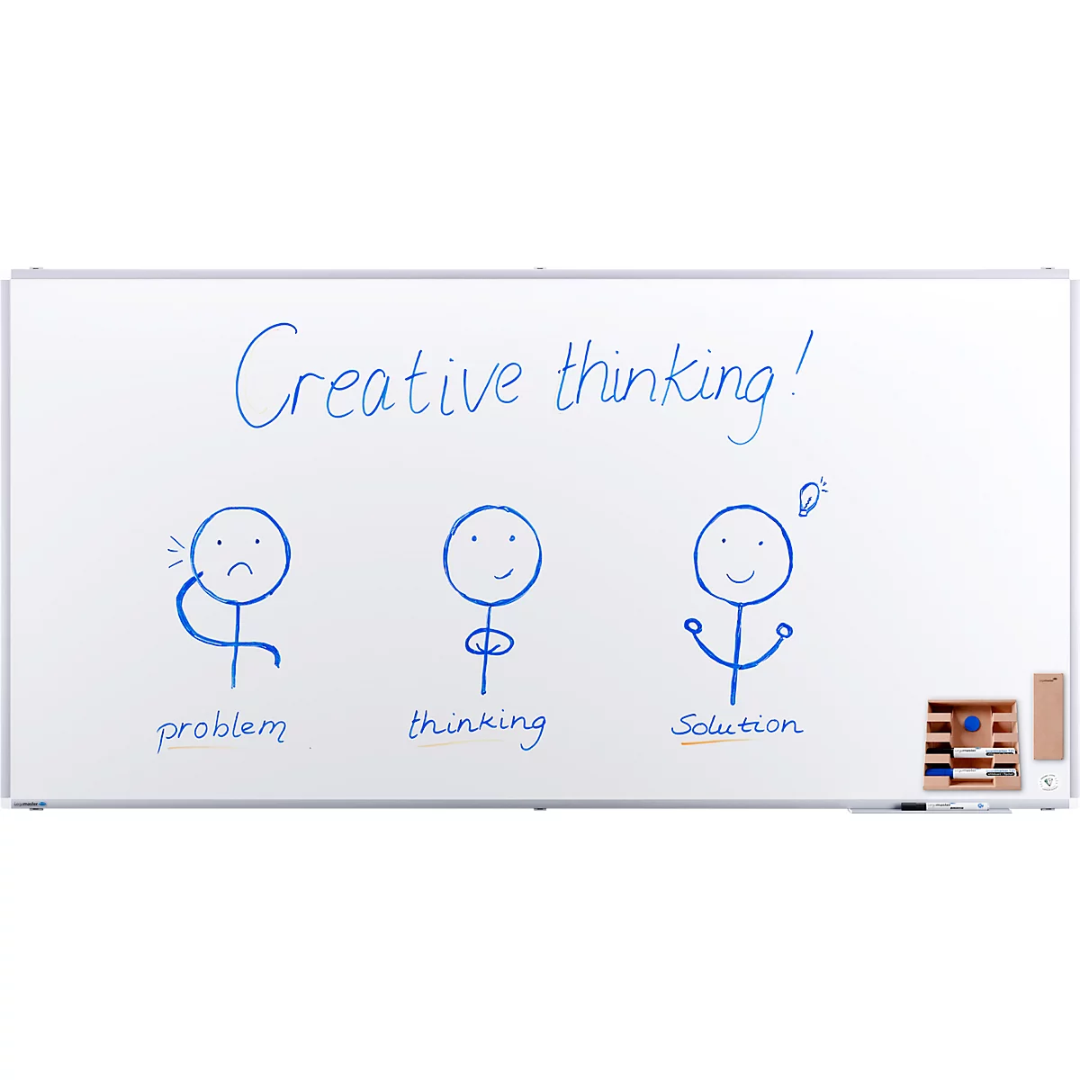 Whiteboard met tekening: probleem, denken, oplossing. Opschrift: Creatief denken!