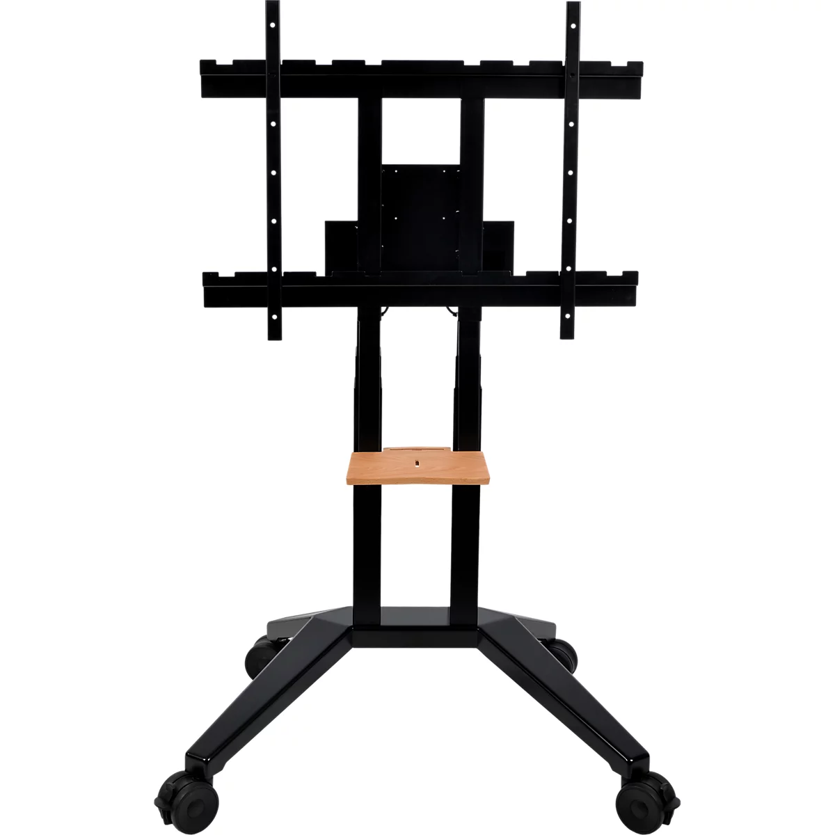 Support TV noir sur roulettes. Avec des supports réglables en hauteur pour la TV et une étagère en bois.
