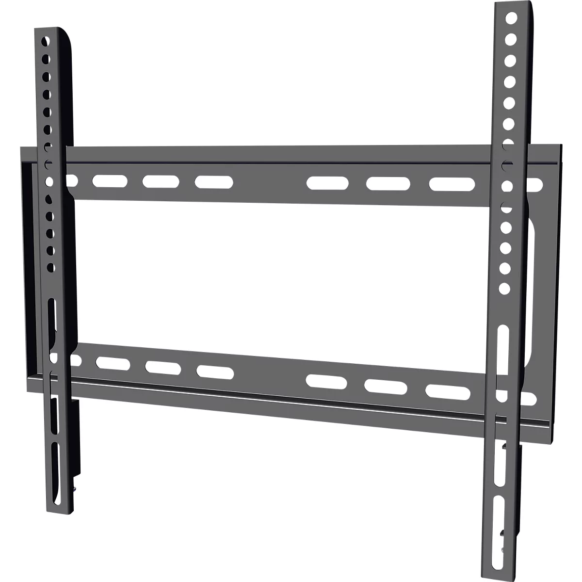 Support mural TV gris, composé de deux rails verticaux avec trous et d'un rail horizontal avec fentes.