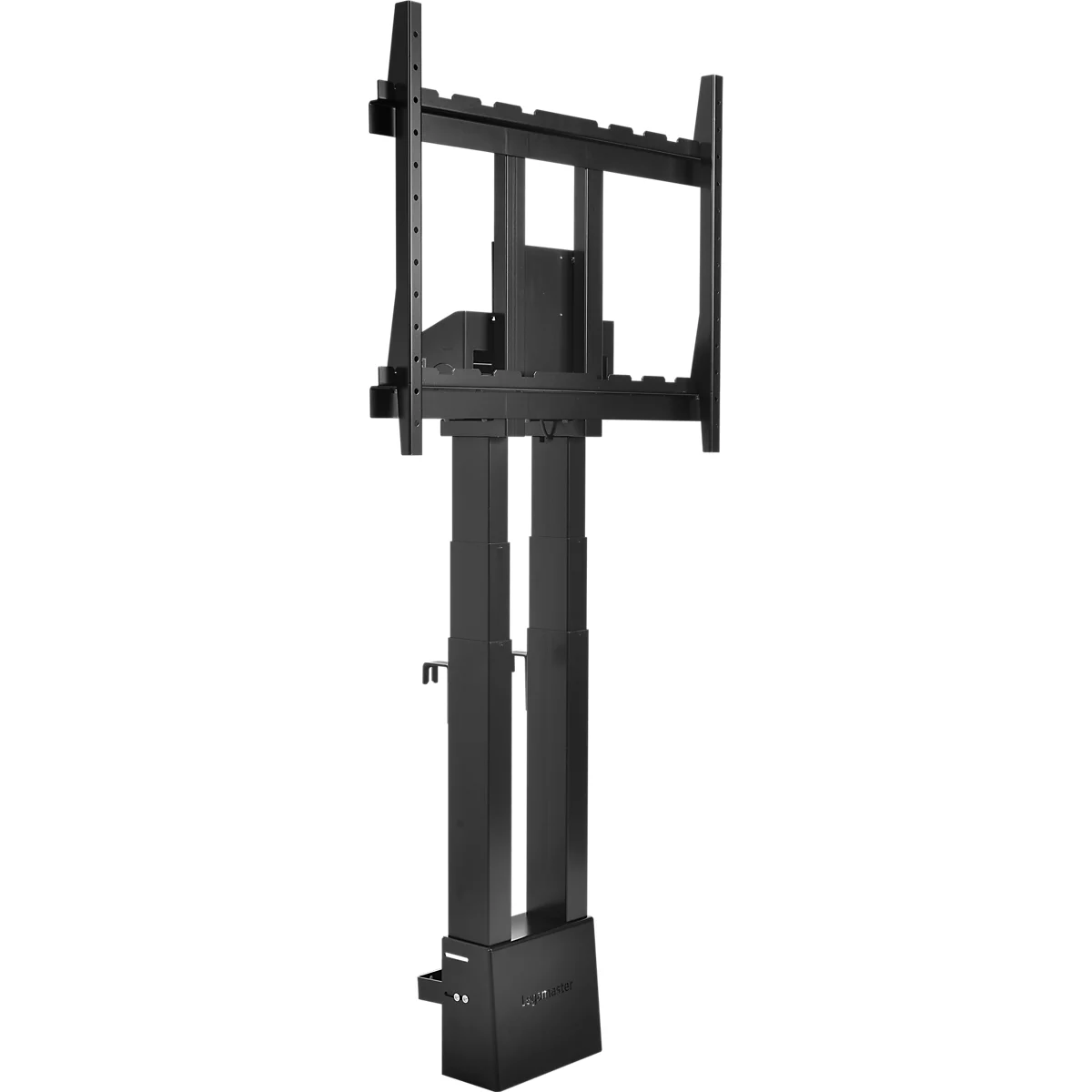 Support TV noir avec colonne réglable en hauteur, sur fond blanc. Un cadre en haut pour fixer le téléviseur.