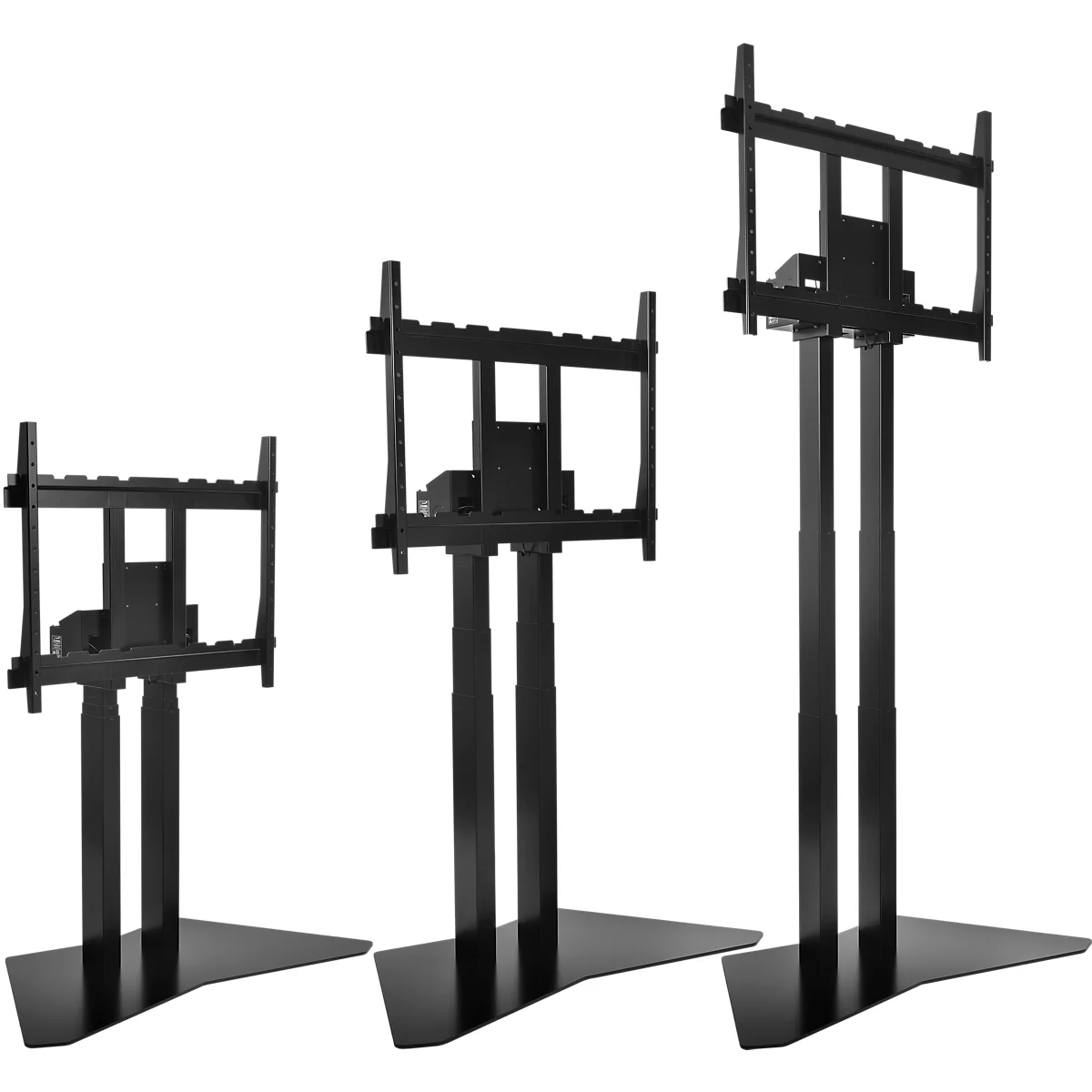 Trois supports TV noirs de différentes hauteurs, sur fond blanc.