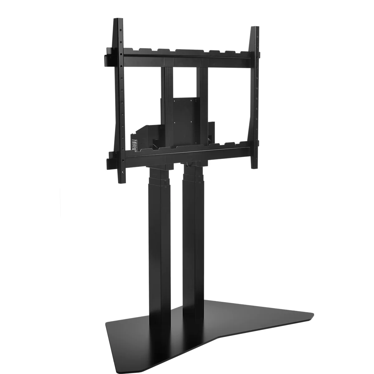 Support TV noir, composé d'un cadre, de deux colonnes et d'une base triangulaire.