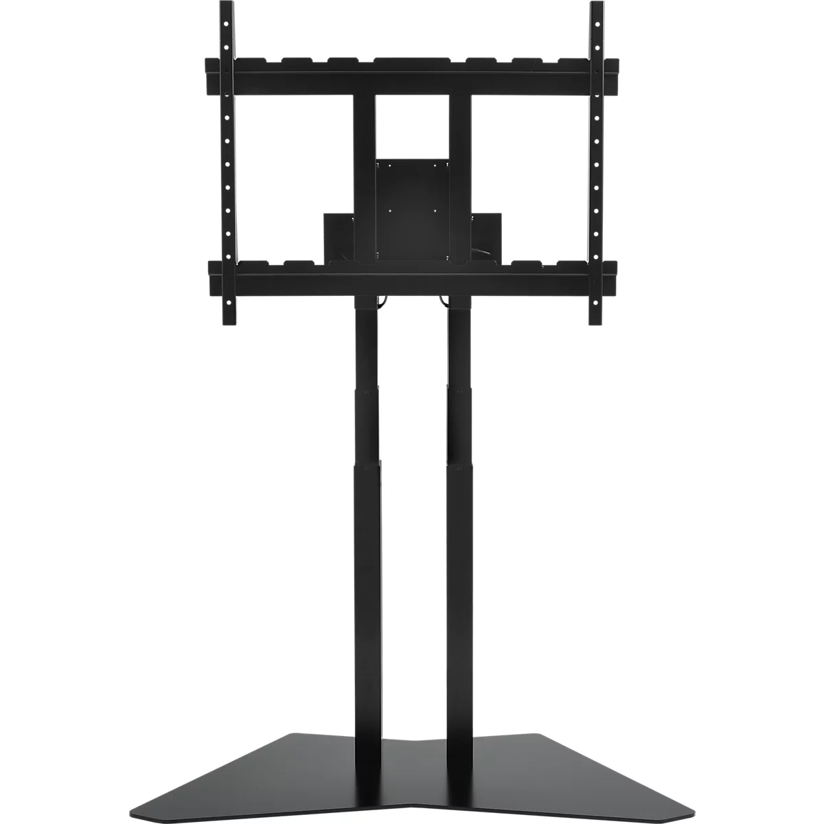 Support TV noir avec hauteur réglable et base rectangulaire.