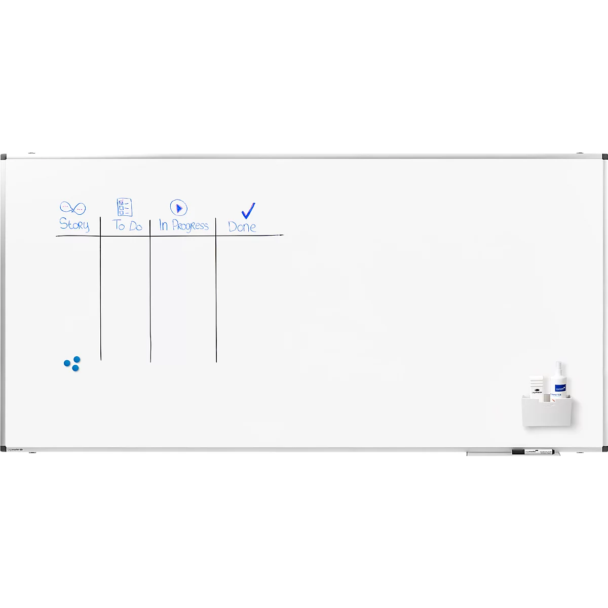 Tableau Kanban blanc avec colonnes pour Story, To Do, In Progress et Done. Quelques stylos bleus et un porte-stylo sont présents.