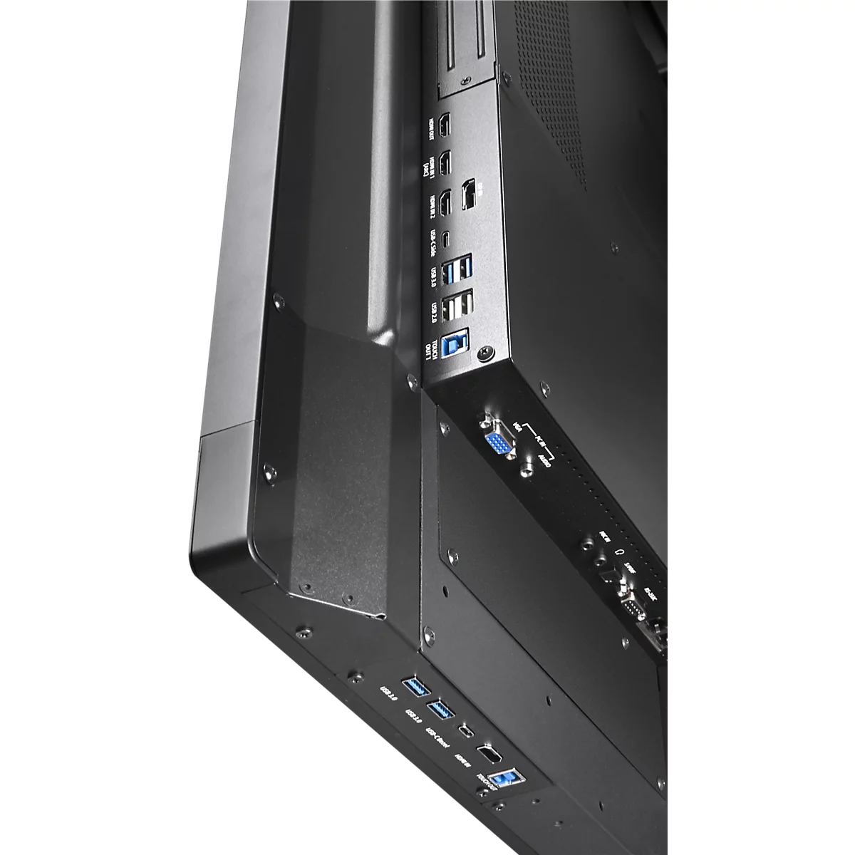 Nahaufnahme der Rückseite eines schwarzen Bildschirms mit verschiedenen Anschlüssen, wie USB, HDMI und VGA.