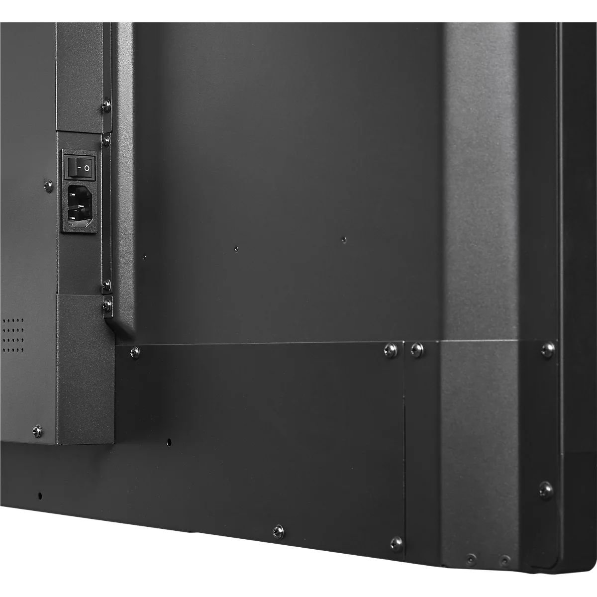 Detailansicht eines schwarzen Displays: Ein/Aus-Schalter, Stromanschluss und Schrauben.