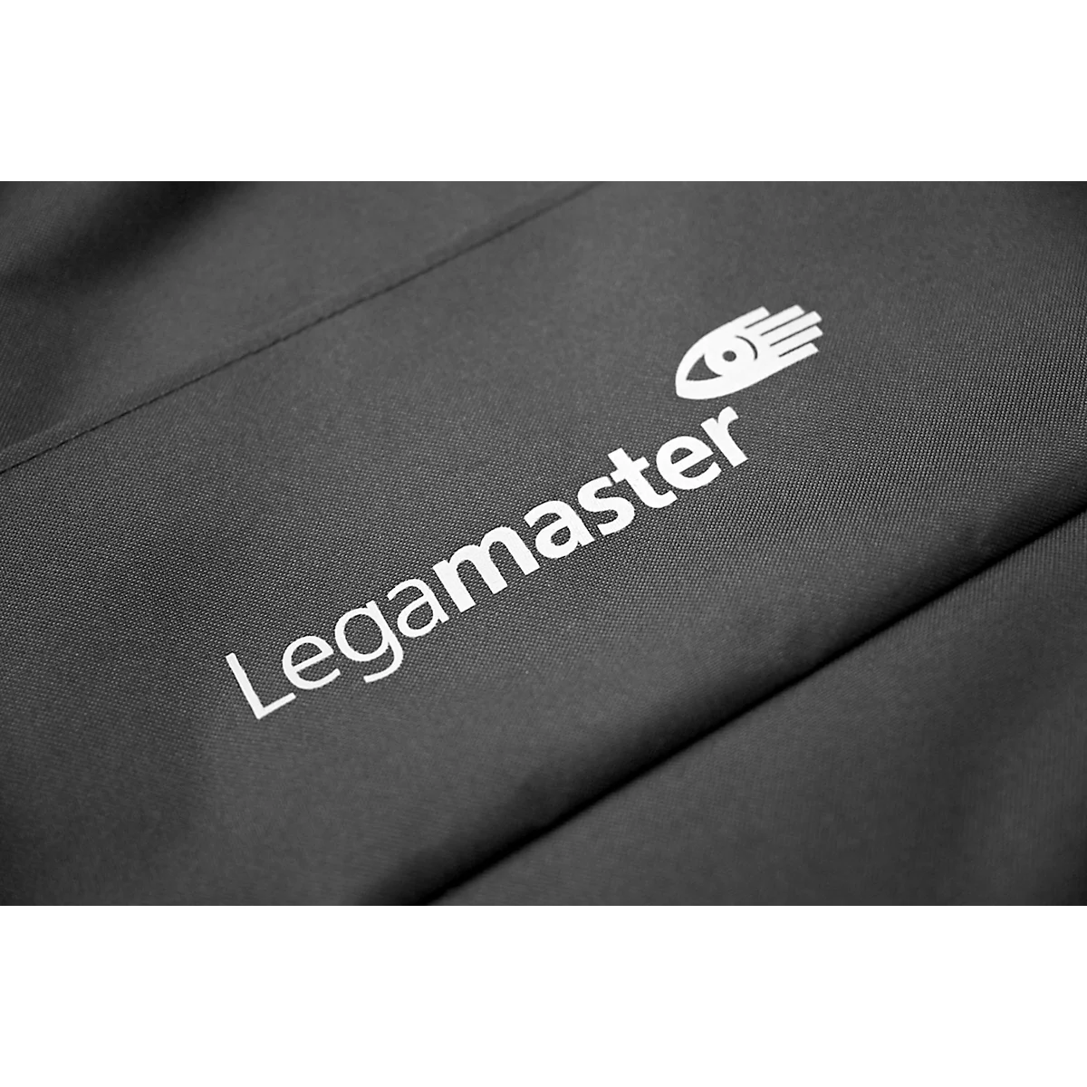 Gray textile with white 'Legamaster' lettering and hand-eye logo.
