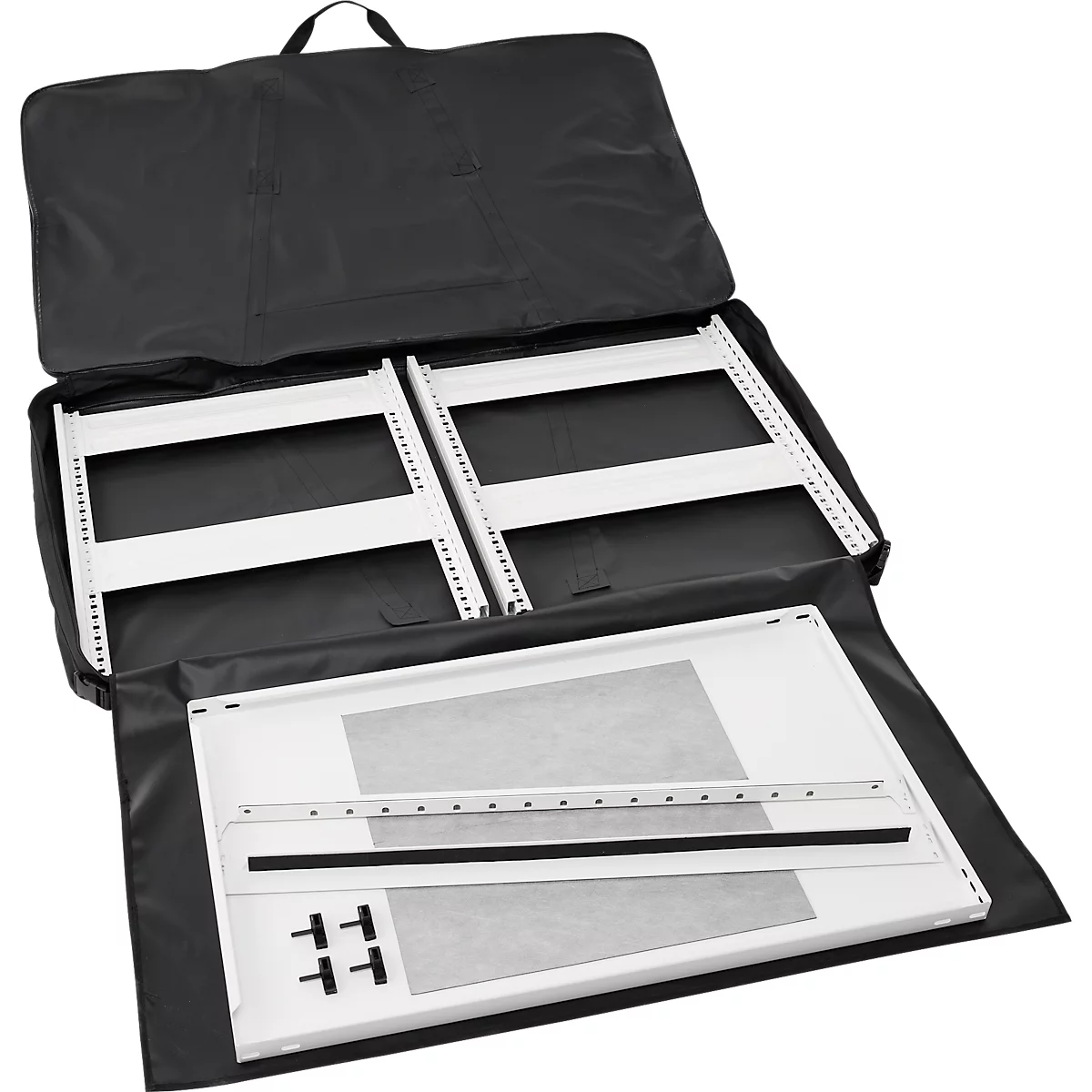 A black carrying bag with accessories. Included are two metal frames and a white board with additional parts.