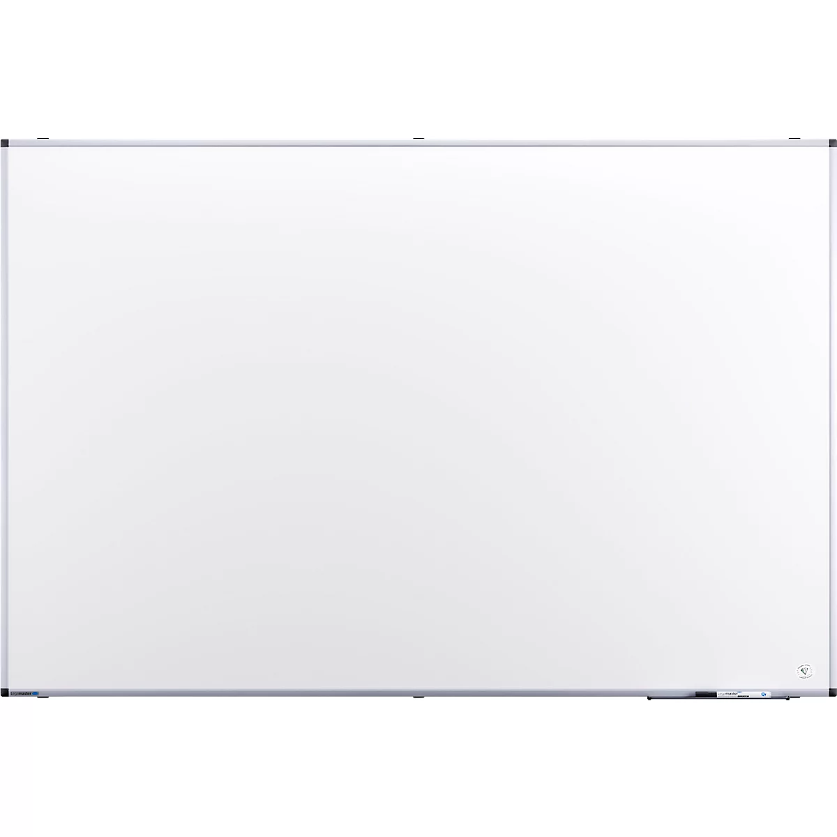 Groot, wit bord met een zilveren frame. Een klein zwart element rechtsonder.