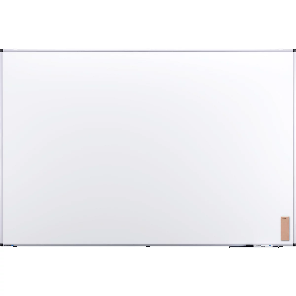 Een leeg wit whiteboard met een zilveren frame. Er zit een klein houten blokje in de rechter benedenhoek.