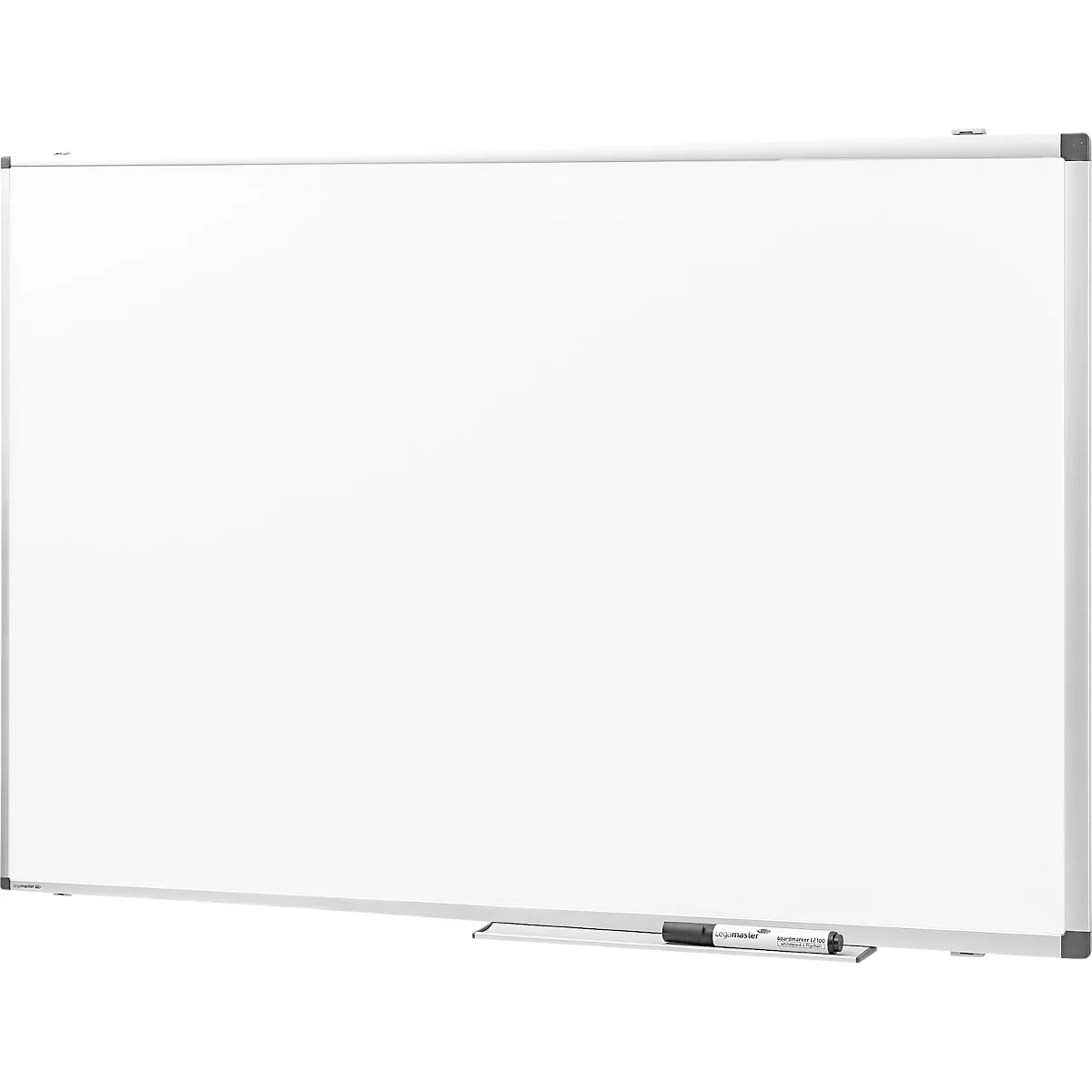 Weißes Whiteboard mit silbernem Rahmen, darunter ein Stifthalter mit Stift. Eckverbinder sind grau.