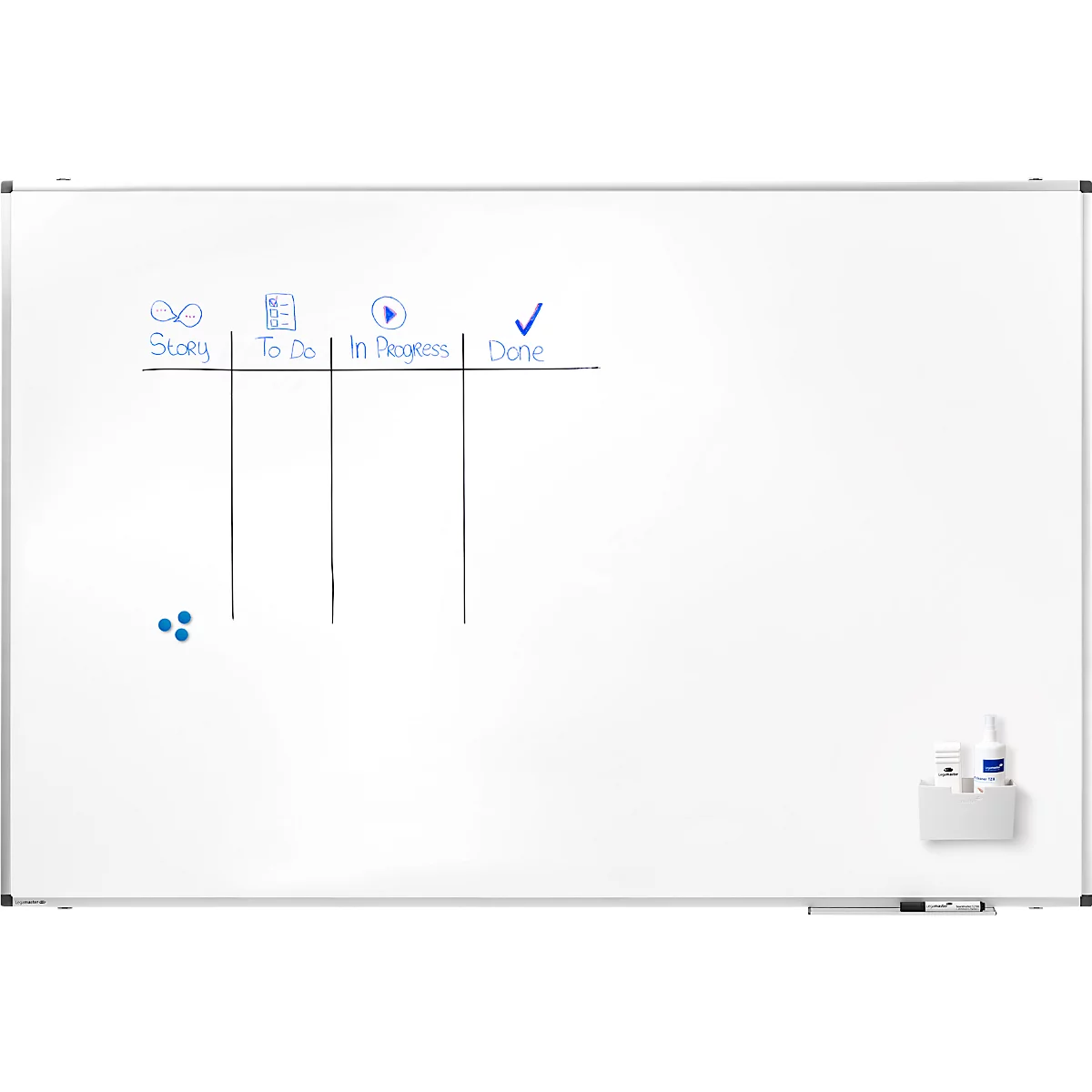 Weißes Whiteboard mit blauer Beschriftung. Kanban-Board mit Spalten für Story, To Do, In Progress, Done. Magnete und Stifthalter.