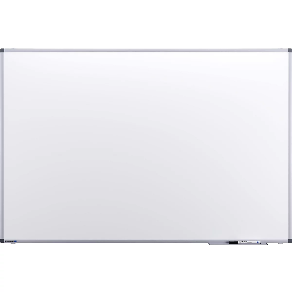 Grosse, leere weisse Tafel mit silbernem Rahmen, Stifthalter.