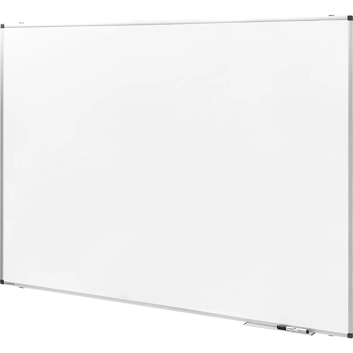 Groot, rechthoekig whiteboard met een zilveren frame. Het staat in een lichte hoek en toont een wit oppervlak.