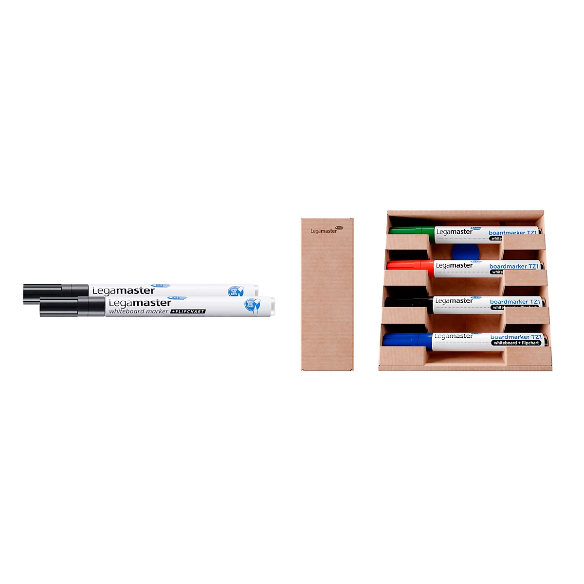 Twee zwarte markers liggen naast een verpakking, daarnaast een doos met meerdere gekleurde markers. Opschrift: Legamaster.