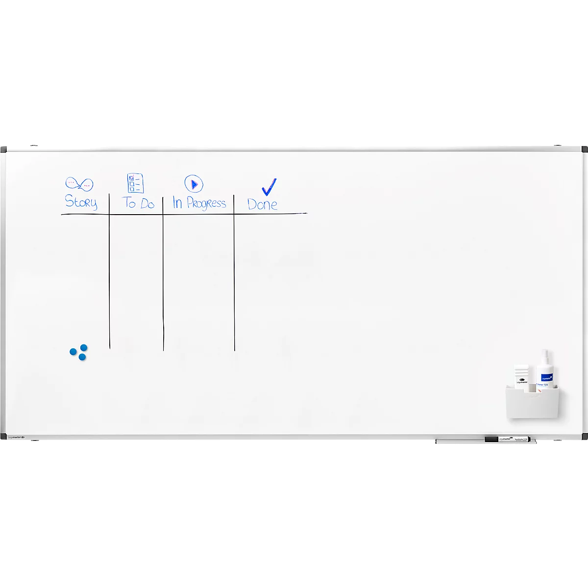 Wit Kanbanbord met kolommen voor Story, To Do, In Progress en Done. Blauwe markers en magneten.