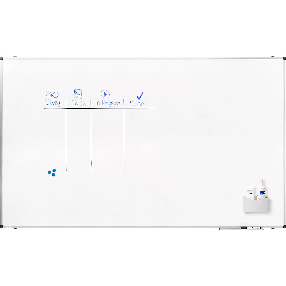 Whiteboard met blauw gemarkeerde fasen en organisatietool.