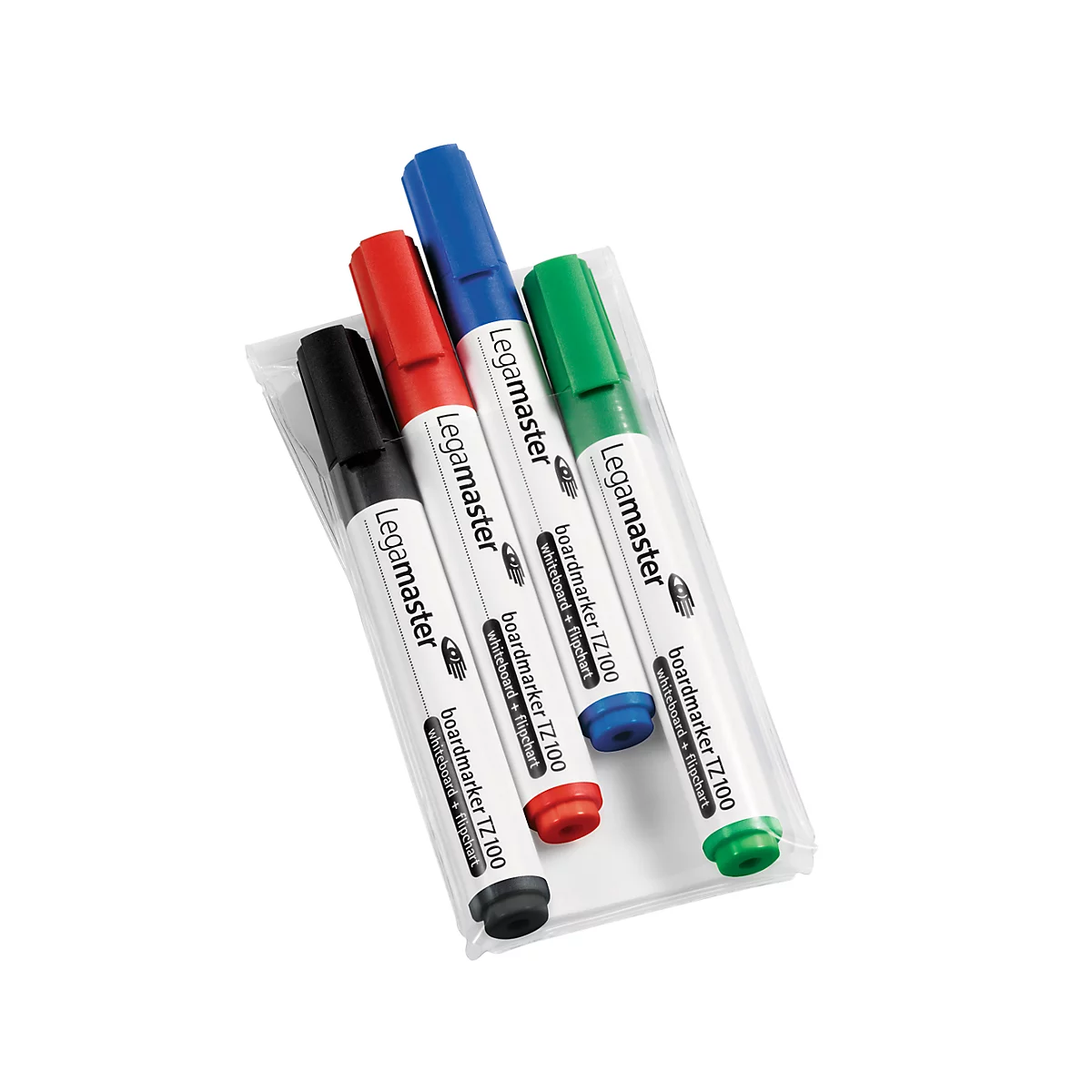 Vier farbige Whiteboard-Marker in einer Plastikverpackung. Schwarze, rote, blaue und grüne Stifte mit weißer Beschriftung.