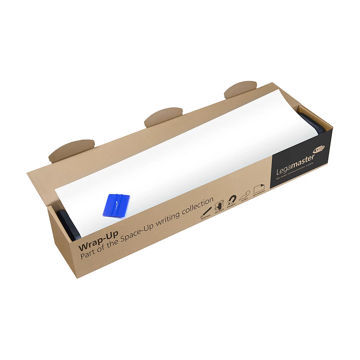 Whiteboard in a brown cardboard box with blue accessories.