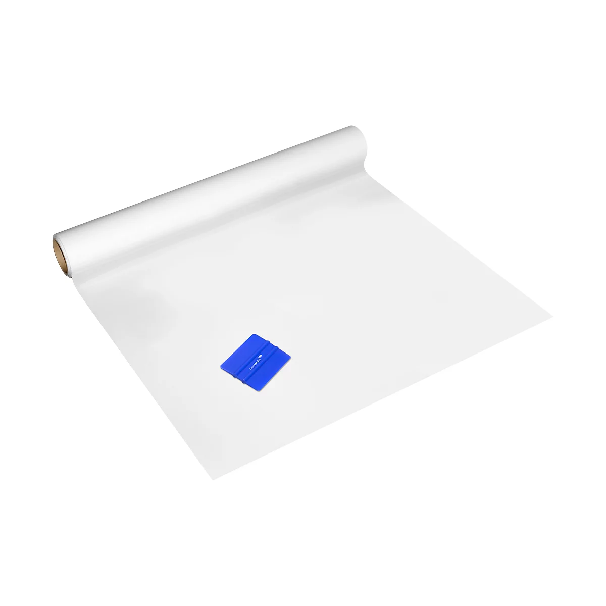 A white roll of paper with a blue squeegee. The paper is spread out in front of the roll.