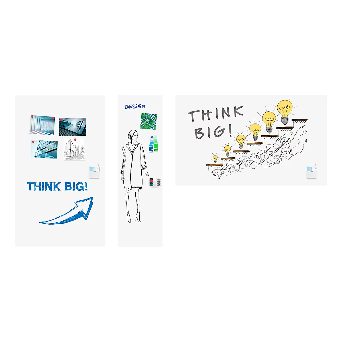 Various sketches and drawings with the text "THINK BIG!". A staircase with light bulbs, a woman in a coat.