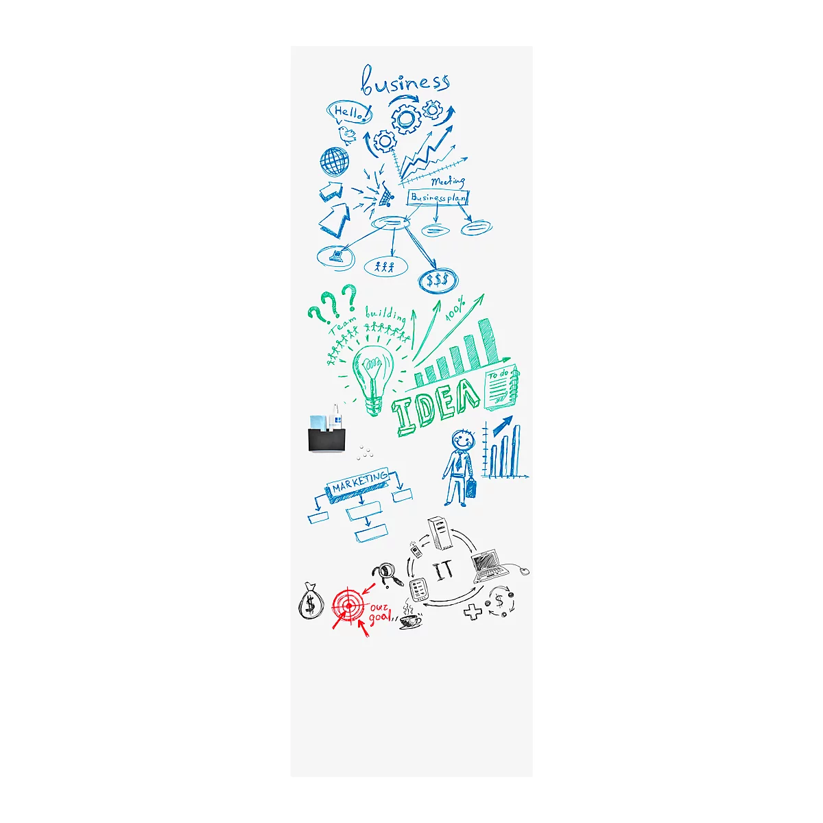 Sketch with terms like business, idea, marketing, goal setting, IT, and diagrams.