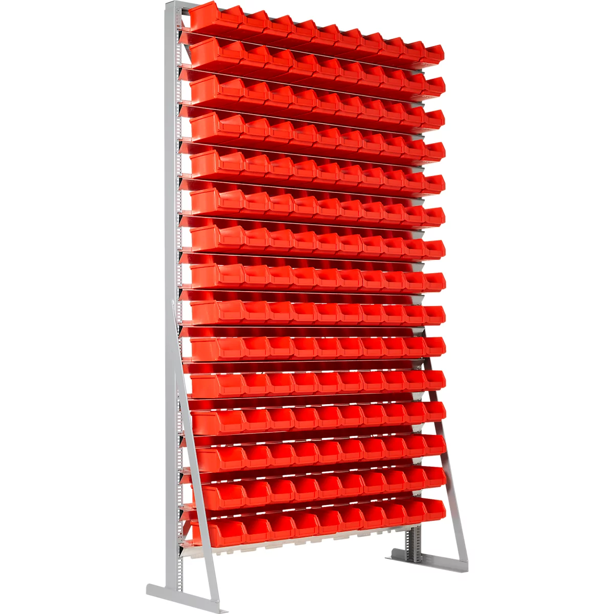 Legbord, 1 zijdig te monteren, 15 rijen, incl. 150 x open voorraadbakken LF 211 serie, B 1145 x D 400 x H 1950 mm, staal, grijs