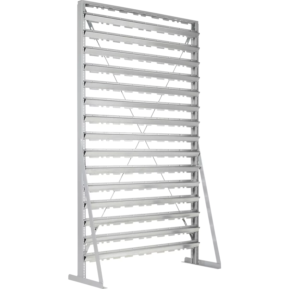 Legbord, aan 1 kant te monteren, 15 rijen, zonder open voorraadbakken, B 1145 x D 400 x H 1950 mm, staal, grijs
