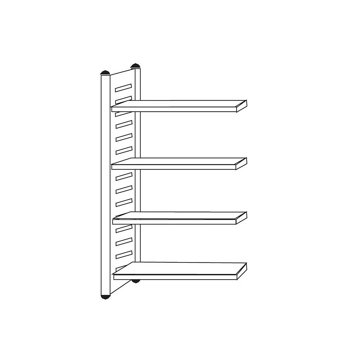 Een zwart-wit lijntekening van een wandplank met een verticale rail en vier horizontale planken.
