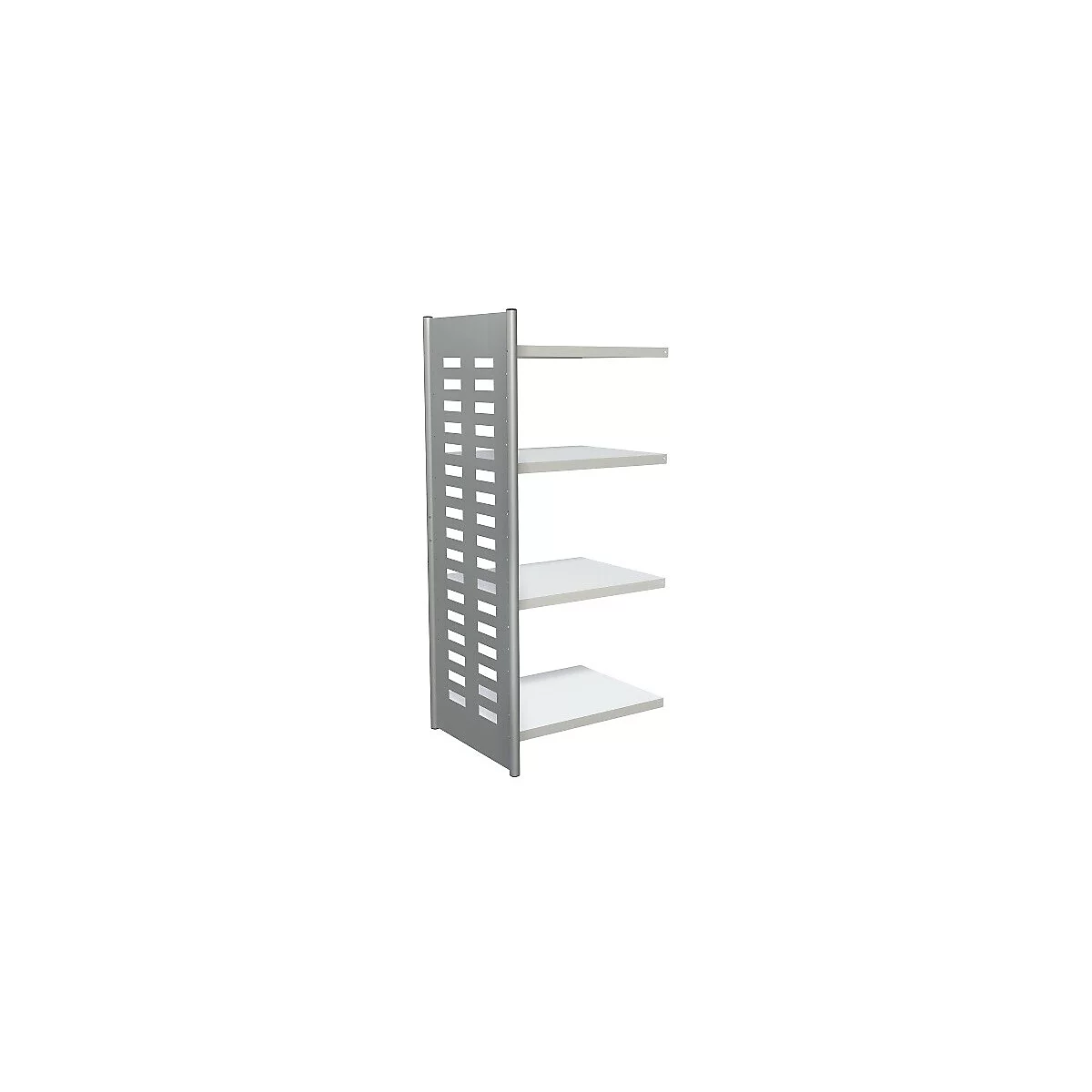 Een smalle stellingkast met een verticale zilveren geperforeerde metalen zijwand en vier witte legplanken tegen een witte achtergrond.