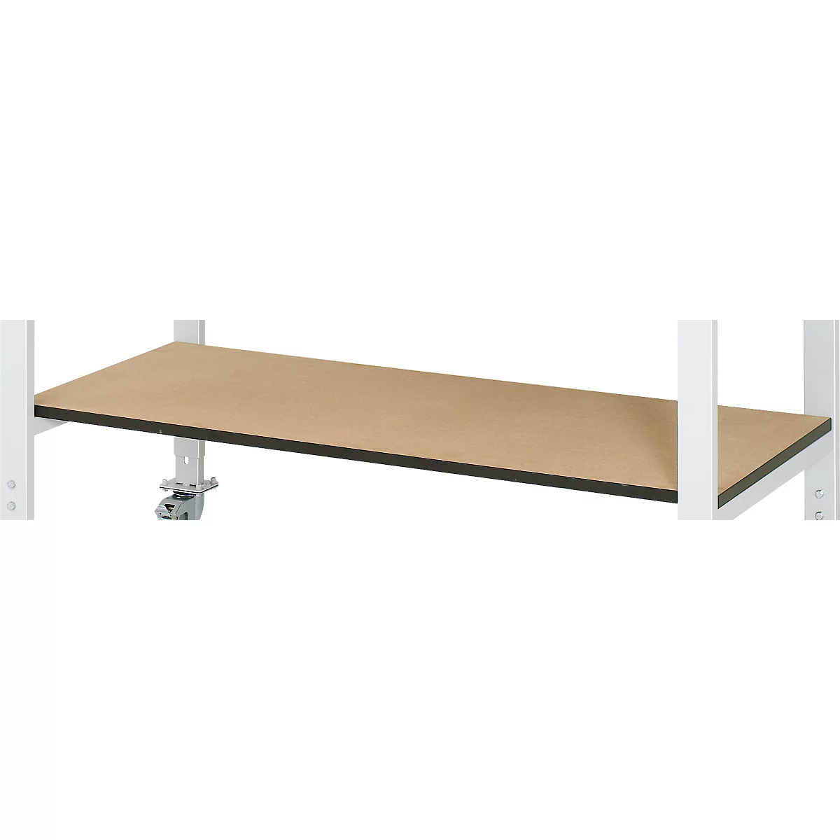 Close-up van een lichte houten plank in een wit metalen frame, met een zwenkwiel aan de onderkant.