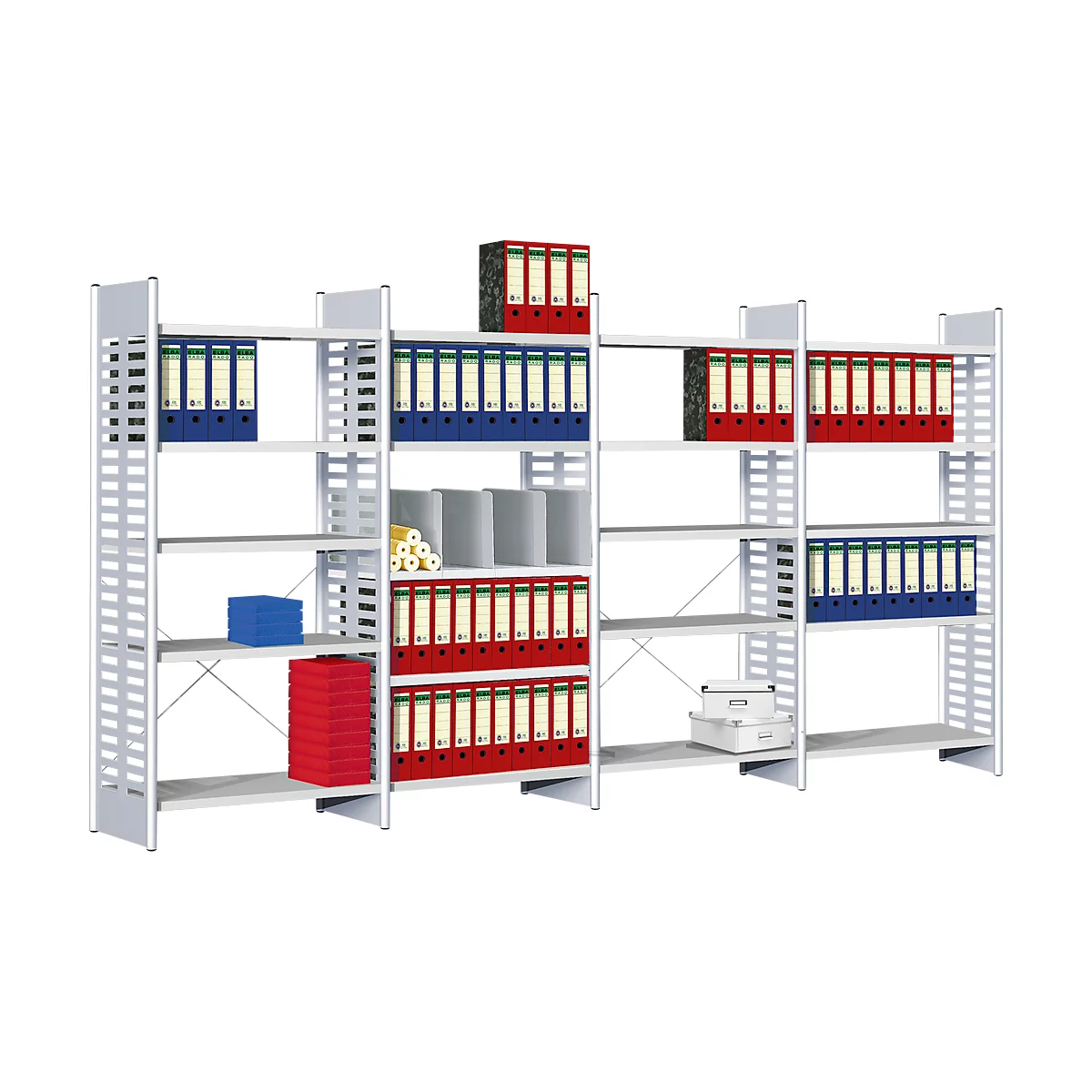 Stelling met rode, blauwe en groene ordners, andere kantoorbenodigdheden.