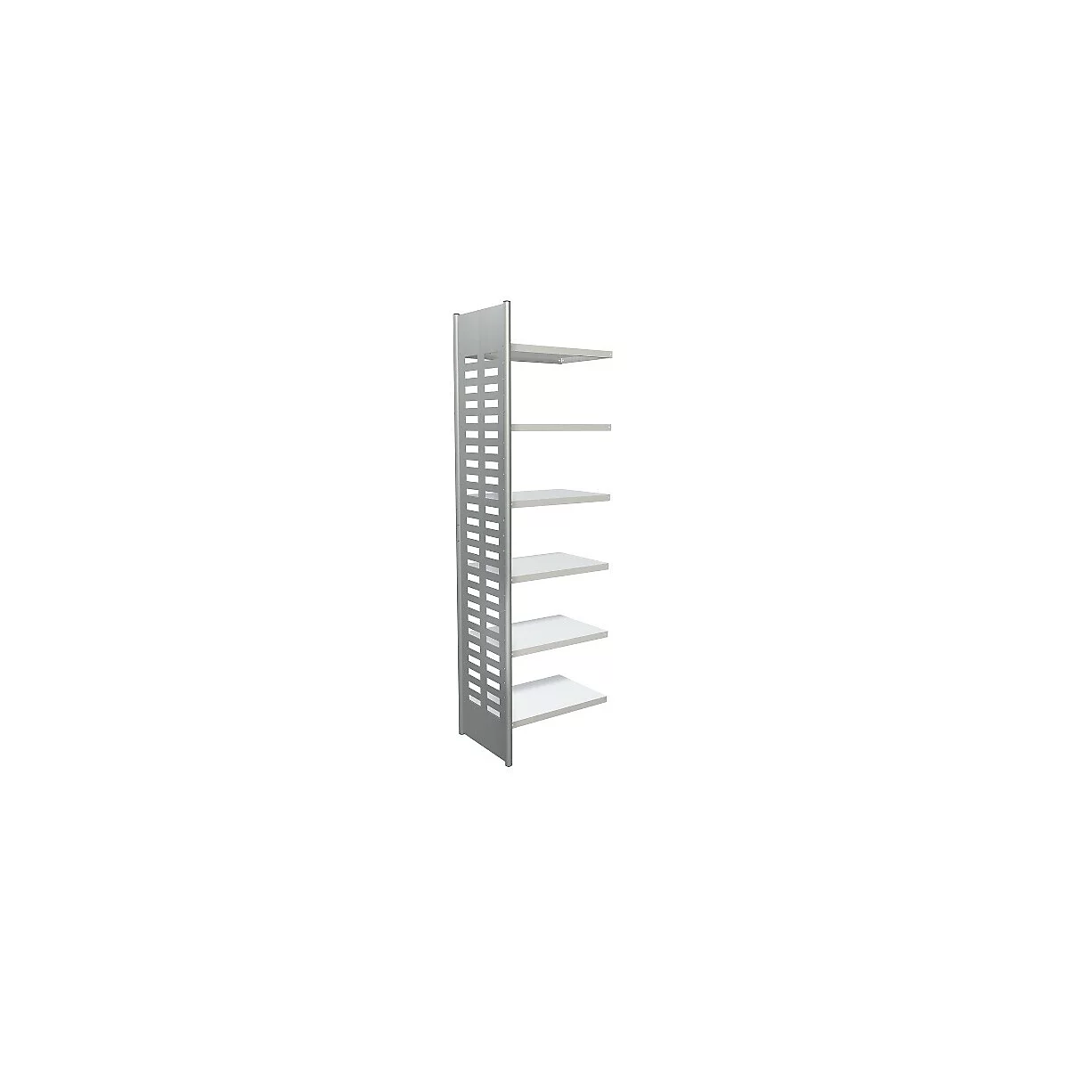 Een zilveren metalen rek met vijf witte planken tegen een witte achtergrond.
