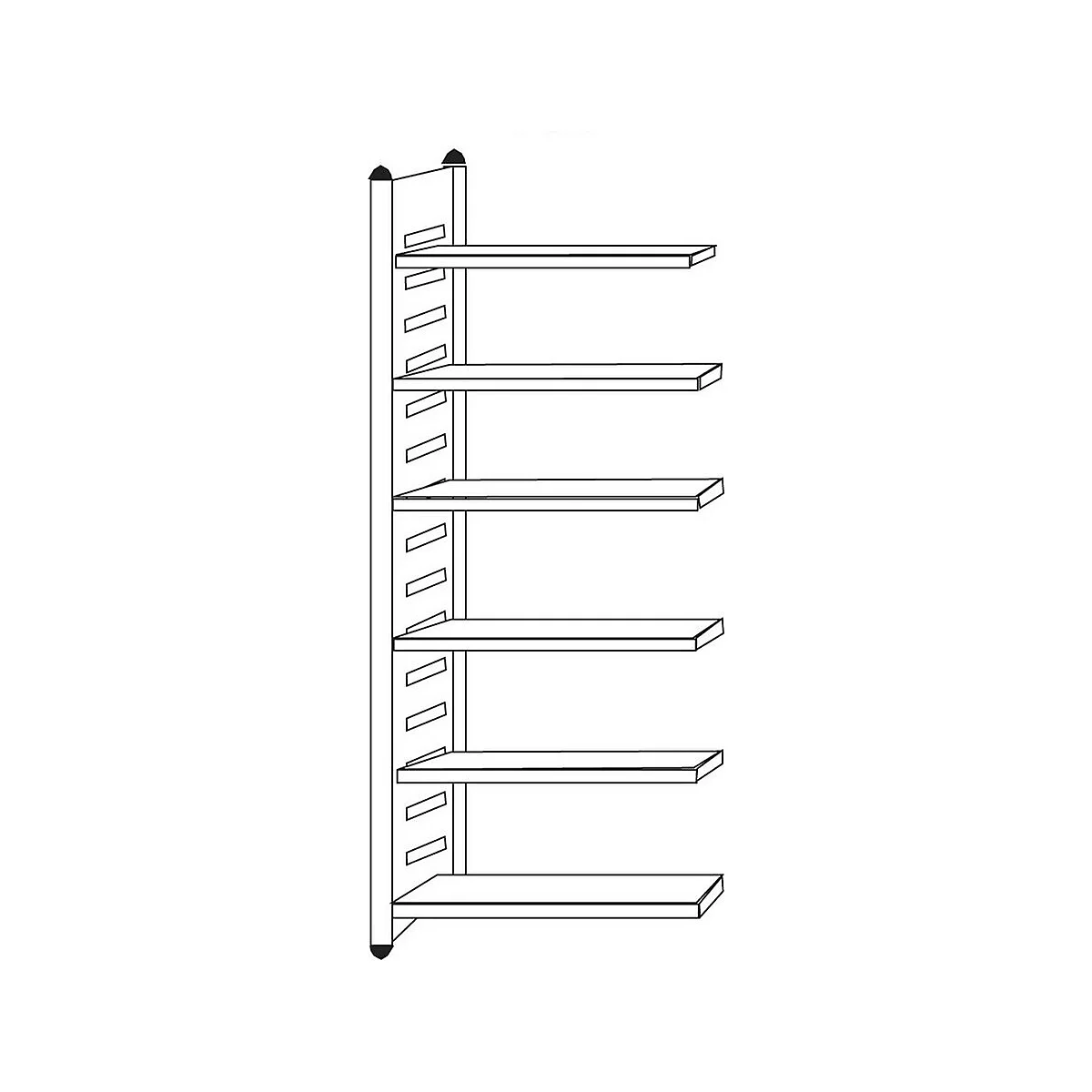 Zwart-wit lijntekening van een wandplank met zes boven elkaar geplaatste schappen.