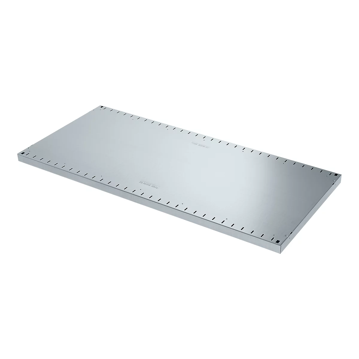 Rechthoekige, zilverkleurige metalen plaat met gaten aan de randen. Tekst is zichtbaar op het oppervlak.