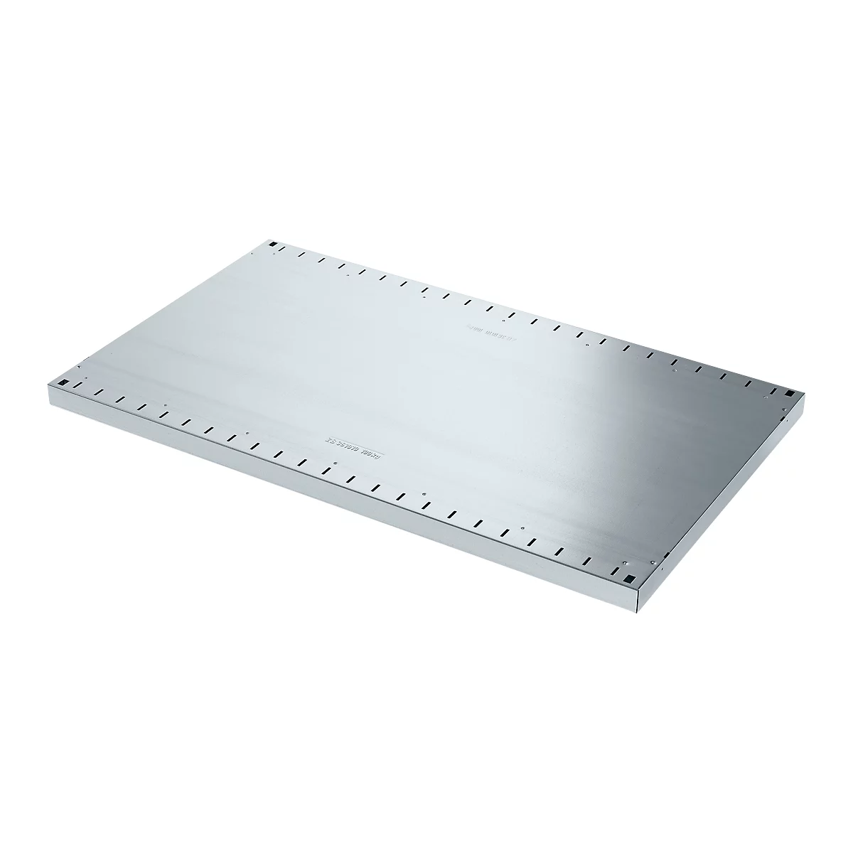 Rechthoekige metalen plaat met gaten en belettering. Het oppervlak is glad en reflecteert het licht. De randen zijn netjes afgewerkt.