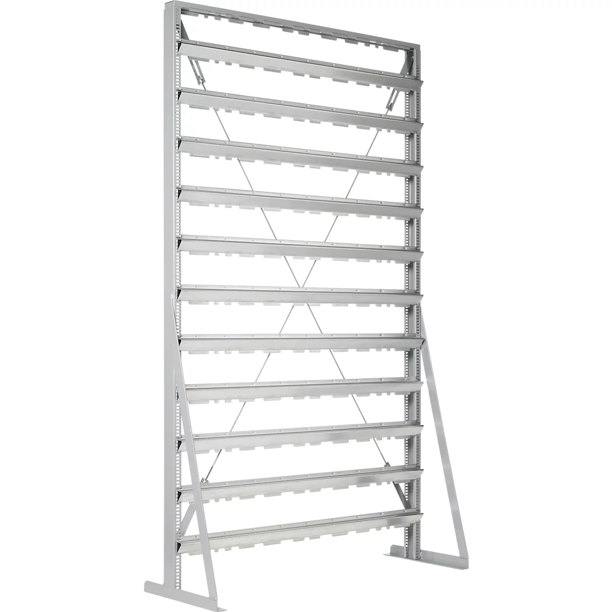 Legbordstelling, 1 zijdelings te monteren, 11 rijen, zonder open magazijnbakken, B 1145 x D 400 x H 1950 mm, staal, grijs