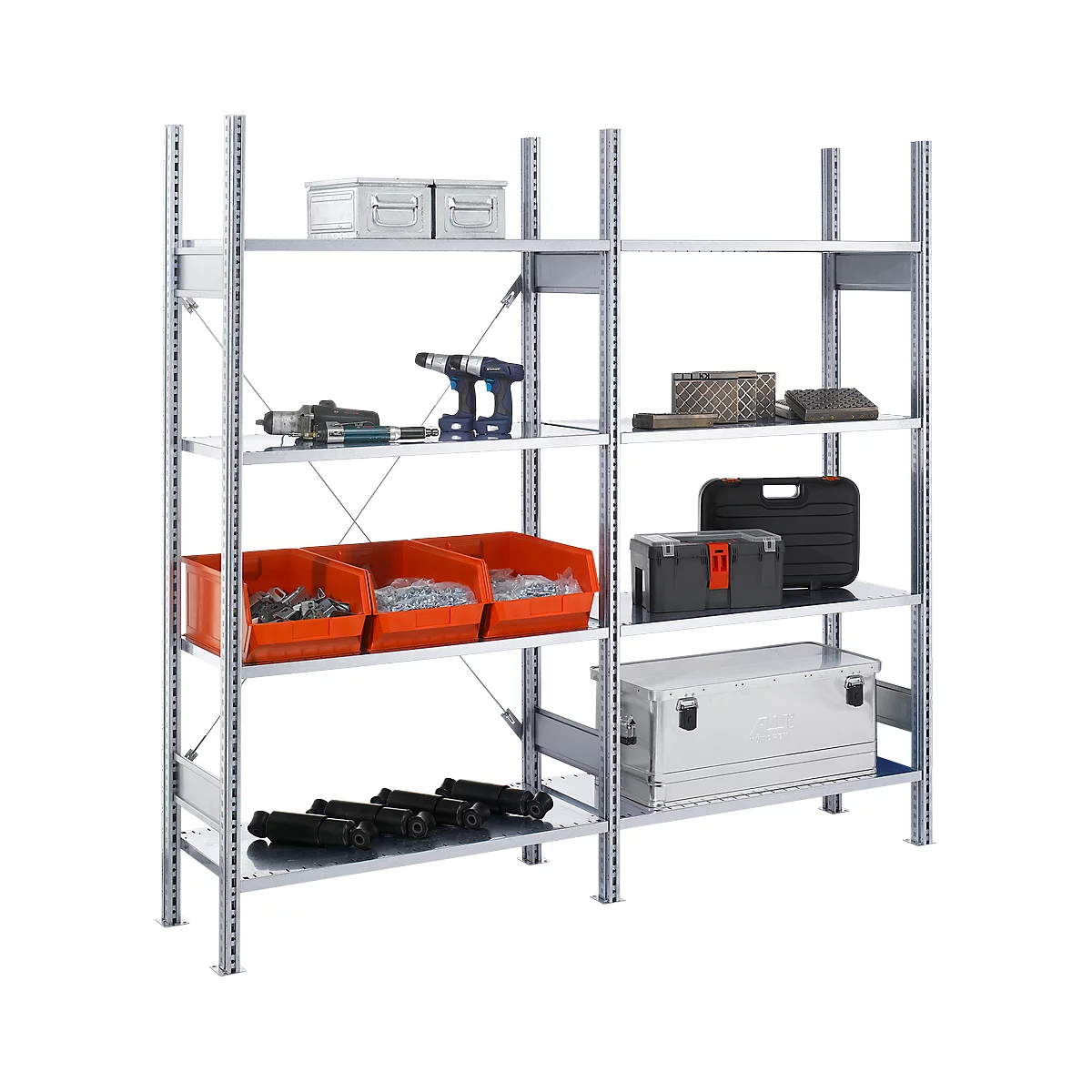 Legbordstelling FBR 2200, complete stelling 2,08 m, 1 basis- en 1 aanbouwsectie incl. 8 legborden, H 2013 x B 2080 x D 400 mm