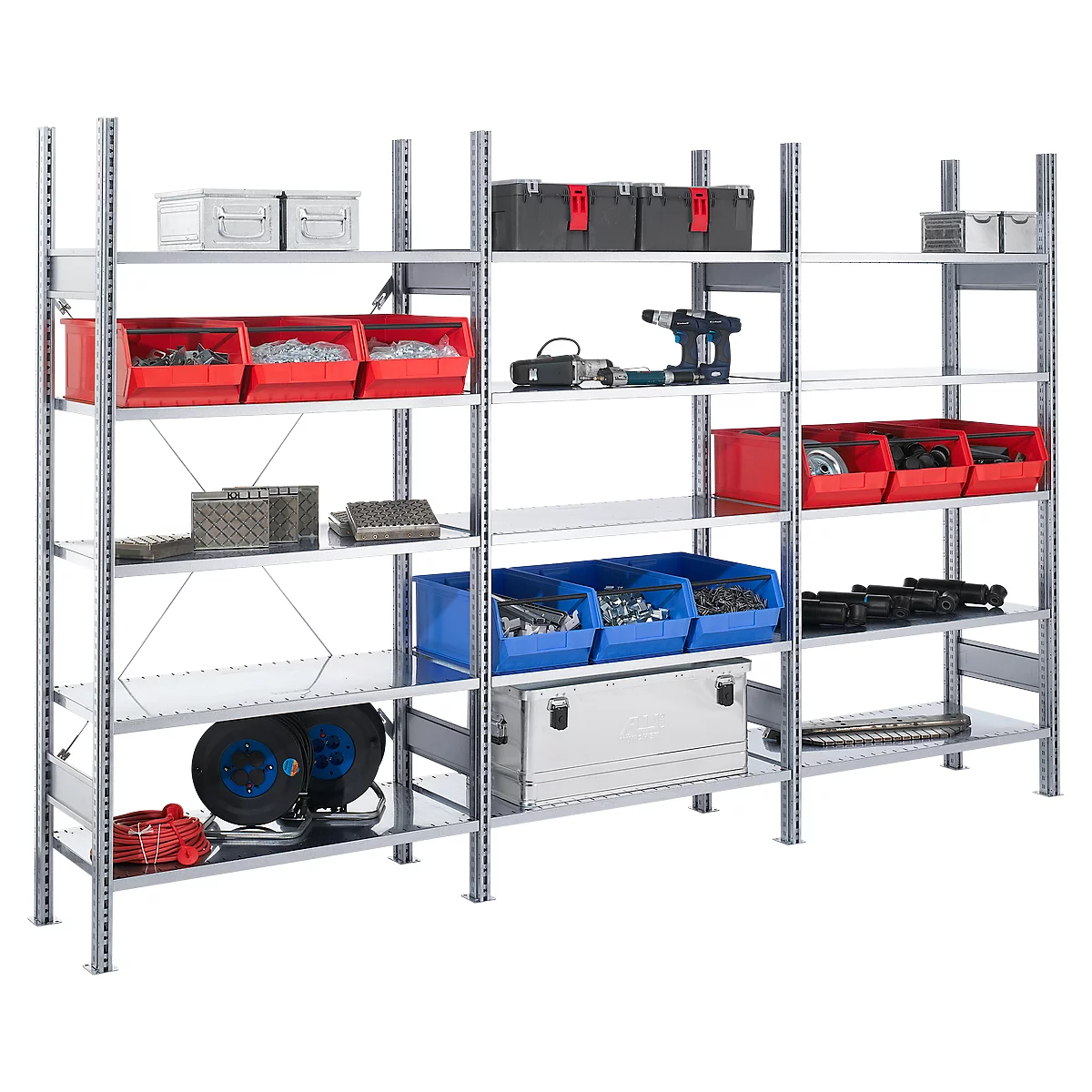 Legbordstelling FBR 2200, complete stelling 2,08 m, 1 basissectie en 2 aanbouwsecties incl. 15 legborden