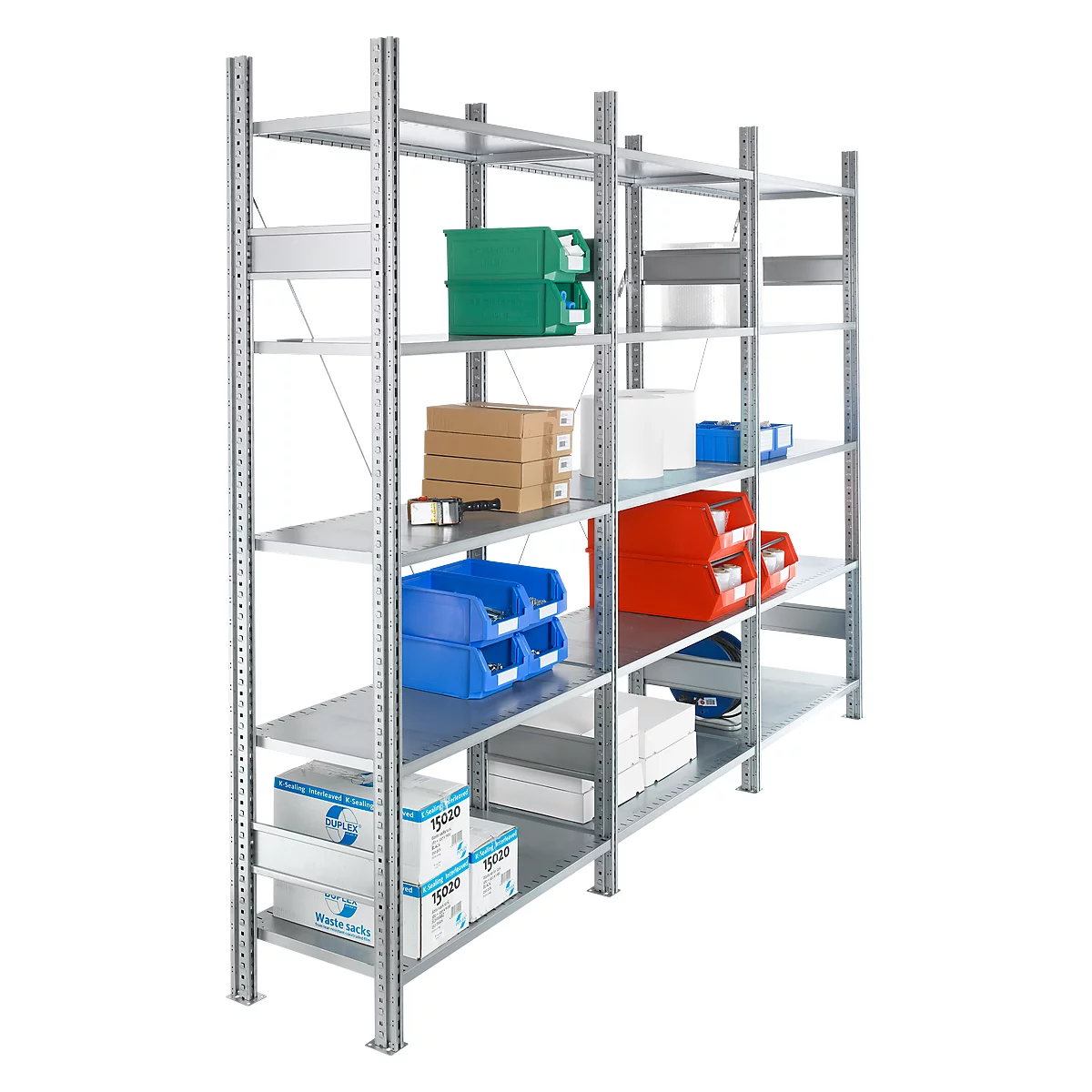 Legbordstelling R 3000 , B 3105 x P 400 x H 2278 mm, 3 stellingsecties: 1 basis- en 2 aanbouwsecties inclusief 15 in hoogte verstelbare legborden, gegalvaniseerd