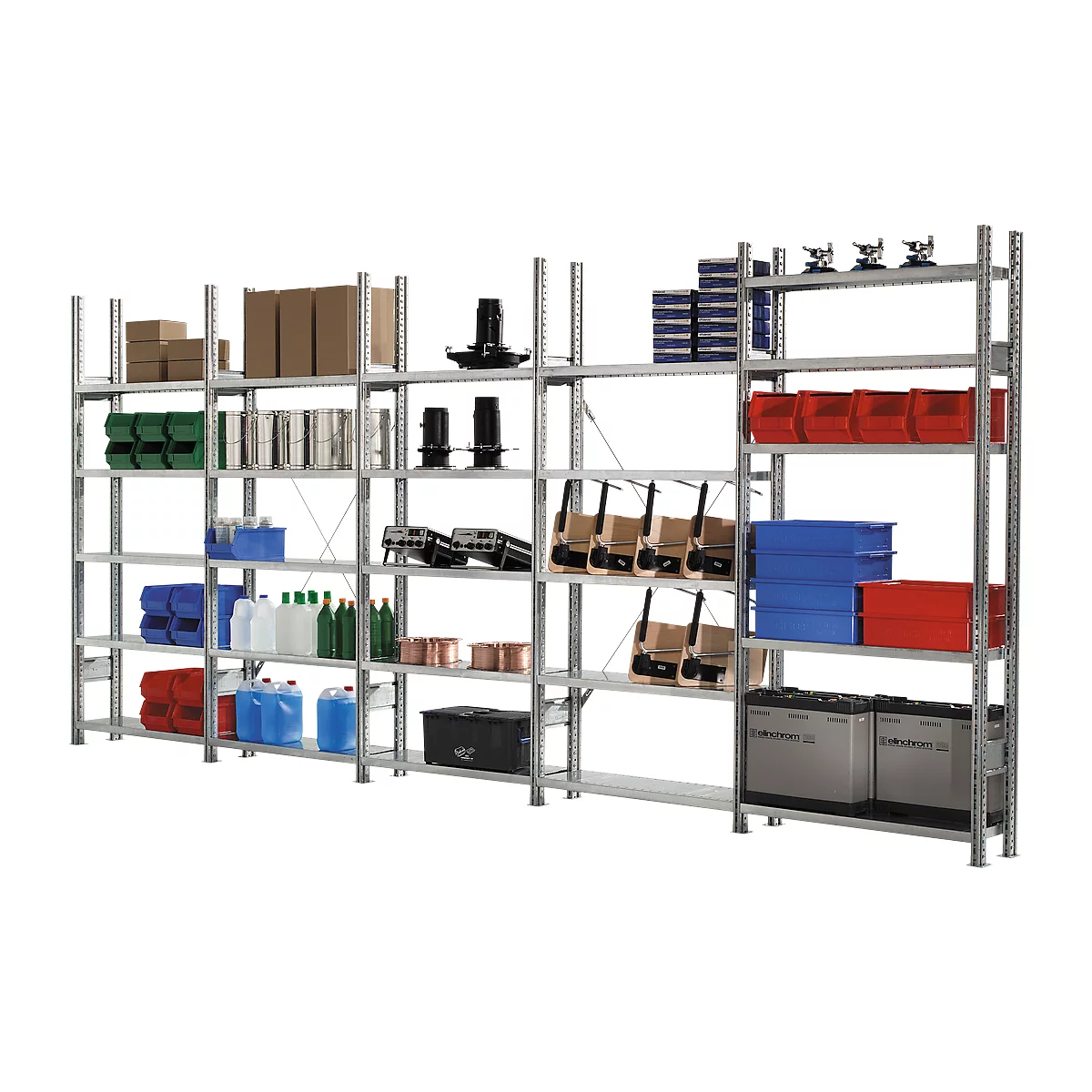 Legbordstelling R 3000, complete stelling 5,155 m, 1 basis- en 4 aanbouwsecties incl. 25 legborden, gegalvaniseerd, H 2278 x B 5155 x D 400 mm