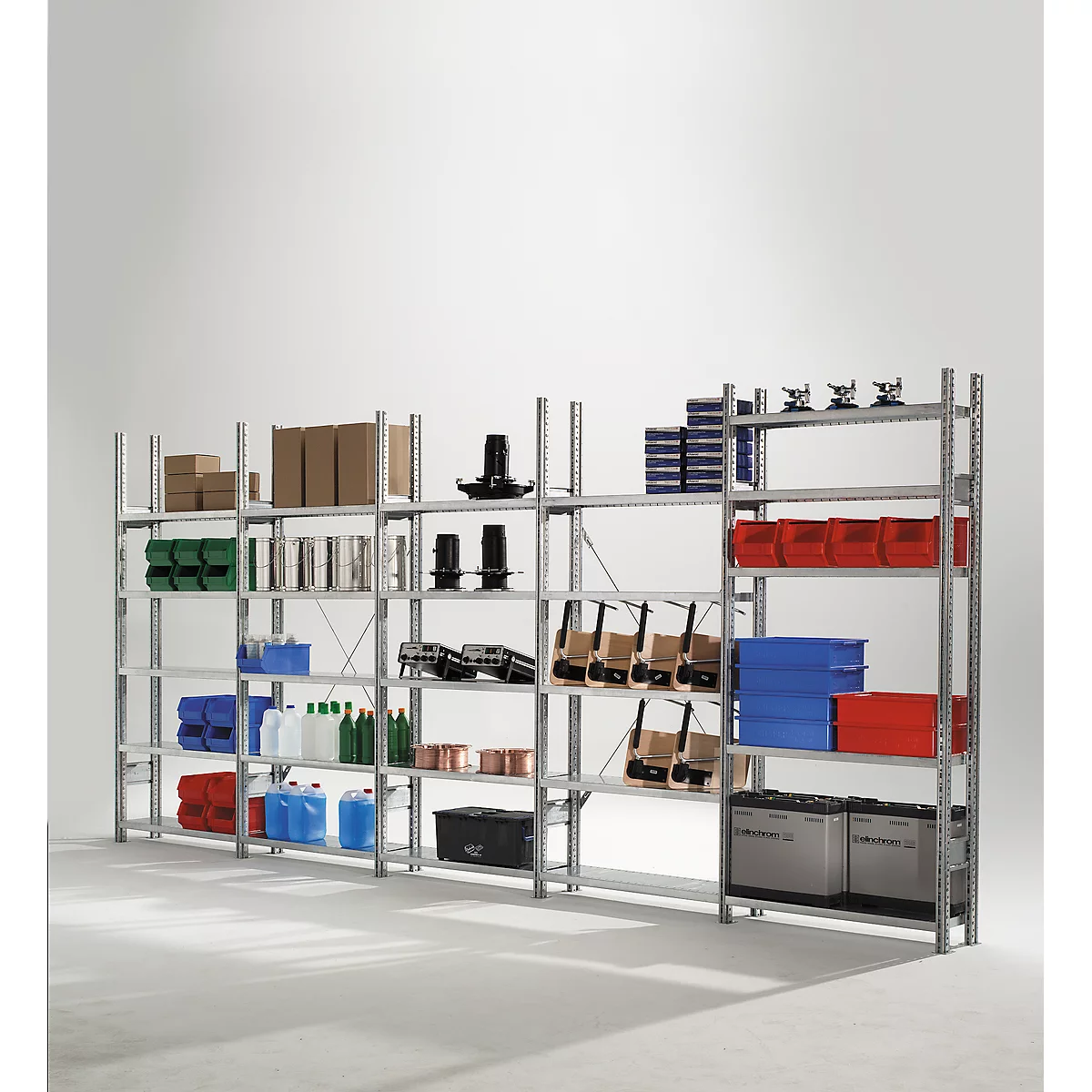 Legbordstelling R3000, B 5155 x H 2278 mm, 5 stellingsecties, 25 in hoogte verstelbare legborden, tot 100/1500 kg, diepte 400 mm