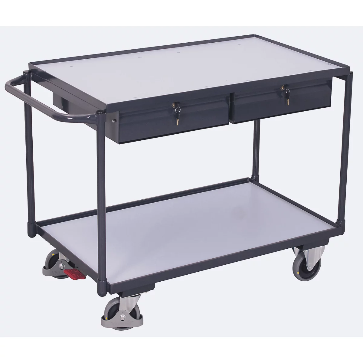 Leichter ESD-Tischwagen, Stahl/Spanplatte, Graphitgrau/Lichtgrau, 2 Etagen, L 985 x B 605 mm, 2 Schubladen, TPE-Rollen mit EasySTOP, bis 250 kg