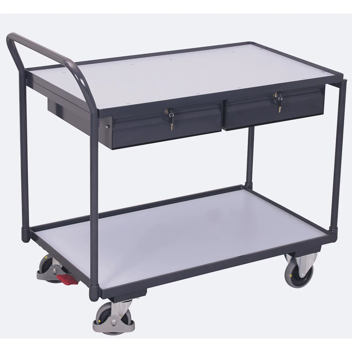 Leichter ESD-Tischwagen, Stahl/Spanplatte, Graphitgrau/Lichtgrau, 2 Etagen, L 985 x B 605 mm, 2 Schubladen, TPE-Rollen mit EasySTOP, bis 250 kg