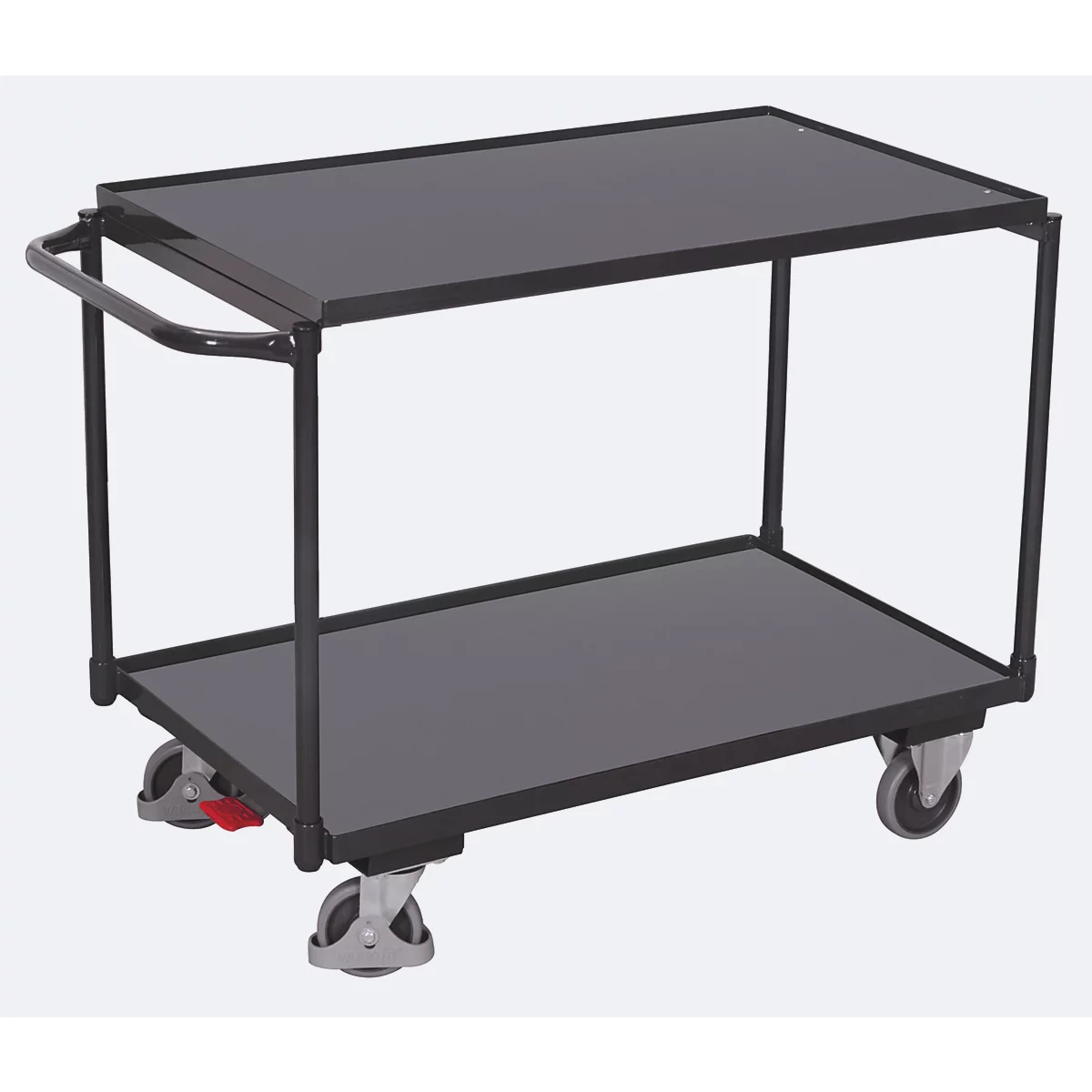 Leichter Tischwagen, Stahl/MDF-Platte, Anthrazitgrau/Dunkelgrau, 2 Etagen, L 835 x B 505 mm, TPE-Rollen mit EasySTOP, bis 250 kg